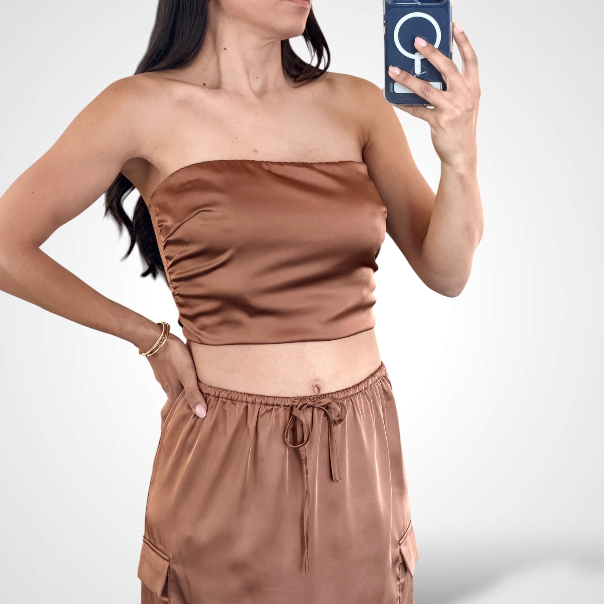 Satin Bandeau Crop Top And Maxi Skirt Set•-2