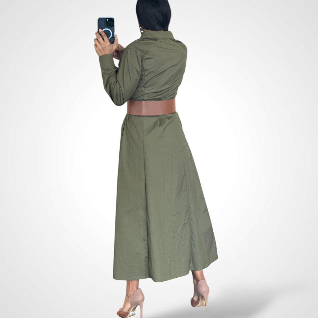 OLIVE LONG SLEEVES SHIRT DRESS WITH FAUX LEATHER WAIST BELT