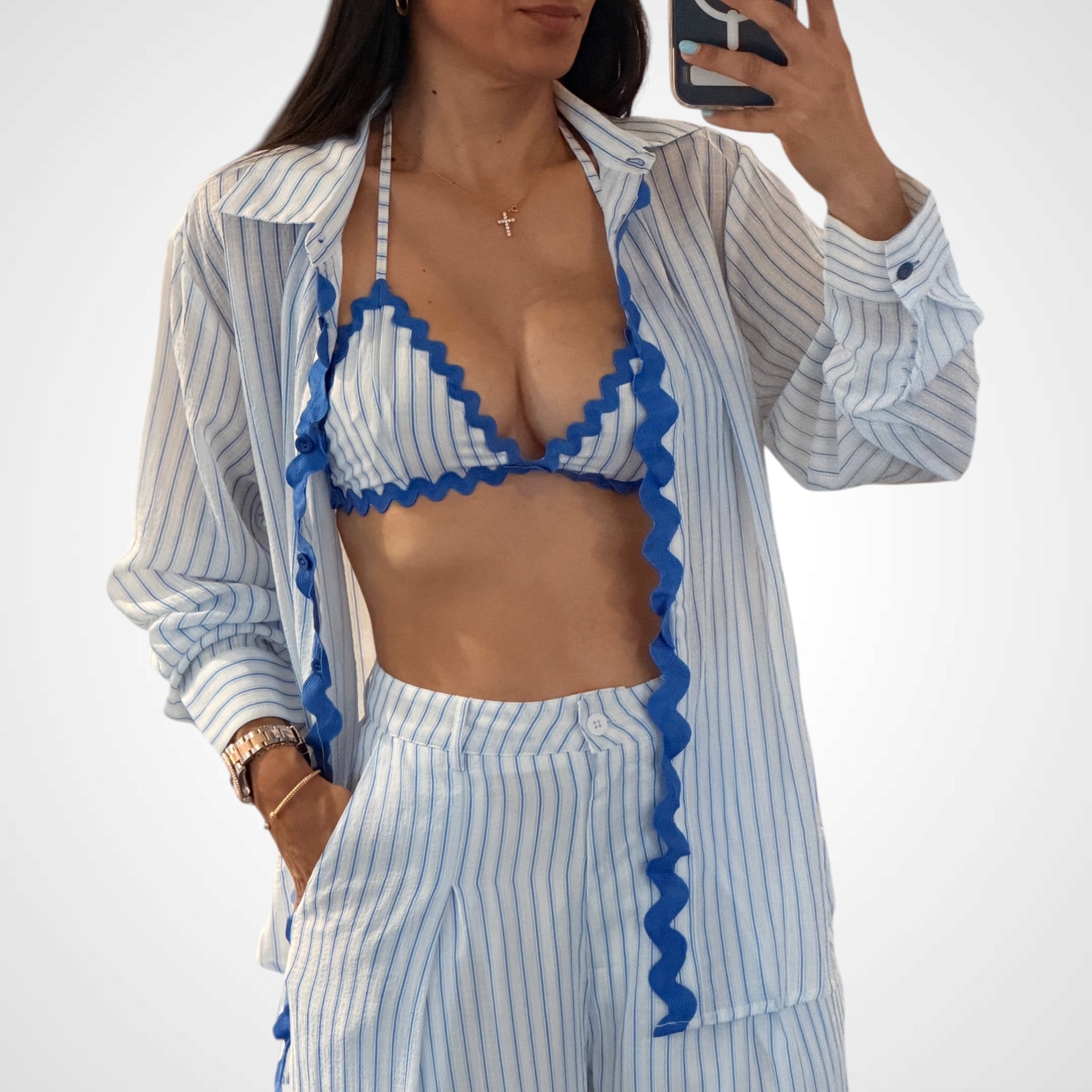 Blue Top W Bralette & Button Closure Pants Stripes Colorblock Set•-2