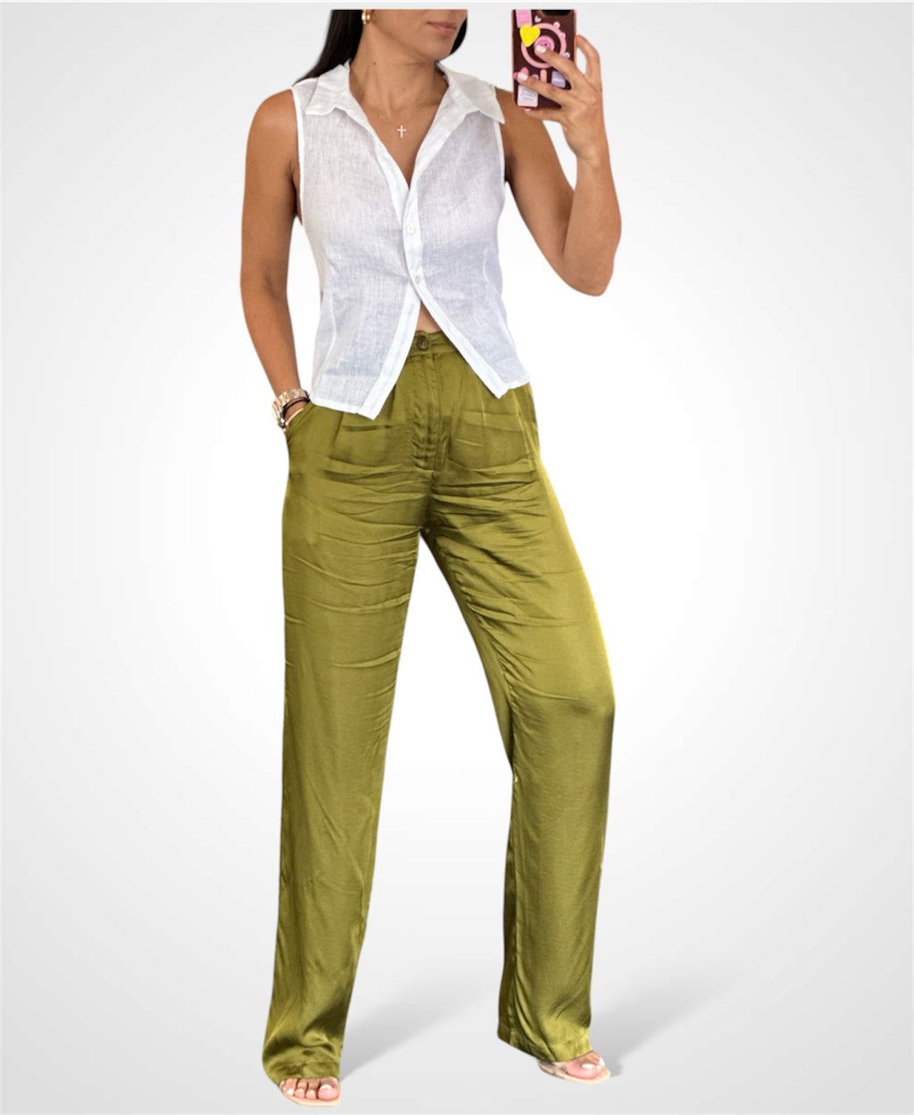 PLEATED POCKET DETAIL STRAIGHT SATIN PANTS