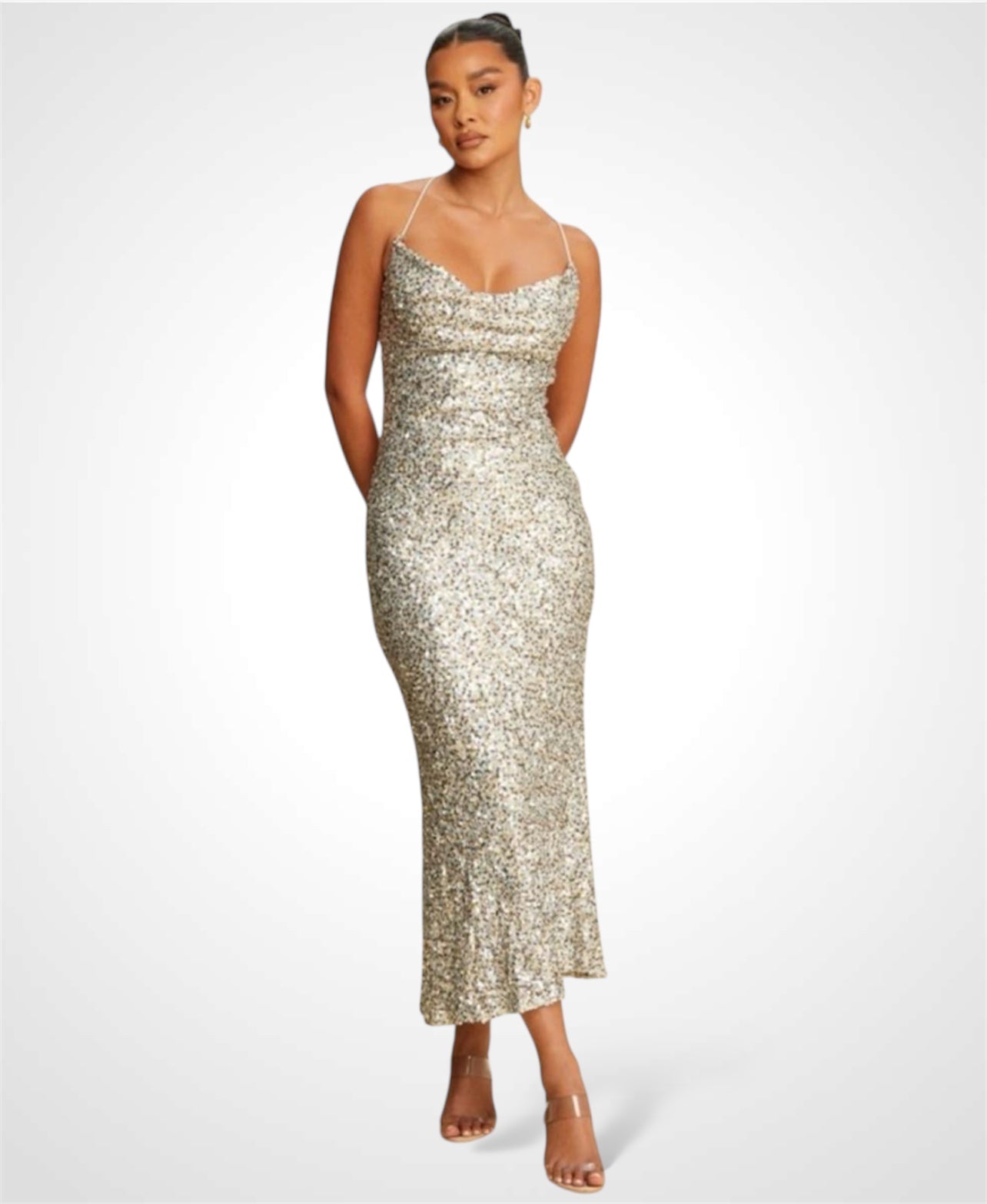 MIXED METALS SEQUIN MIDI DRESS•