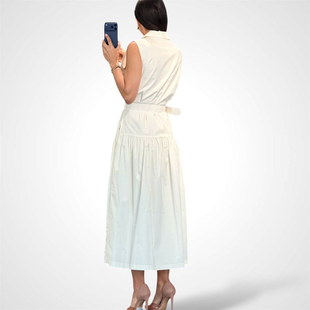 Ivory Belted Gold Button Midi Shirt Dress