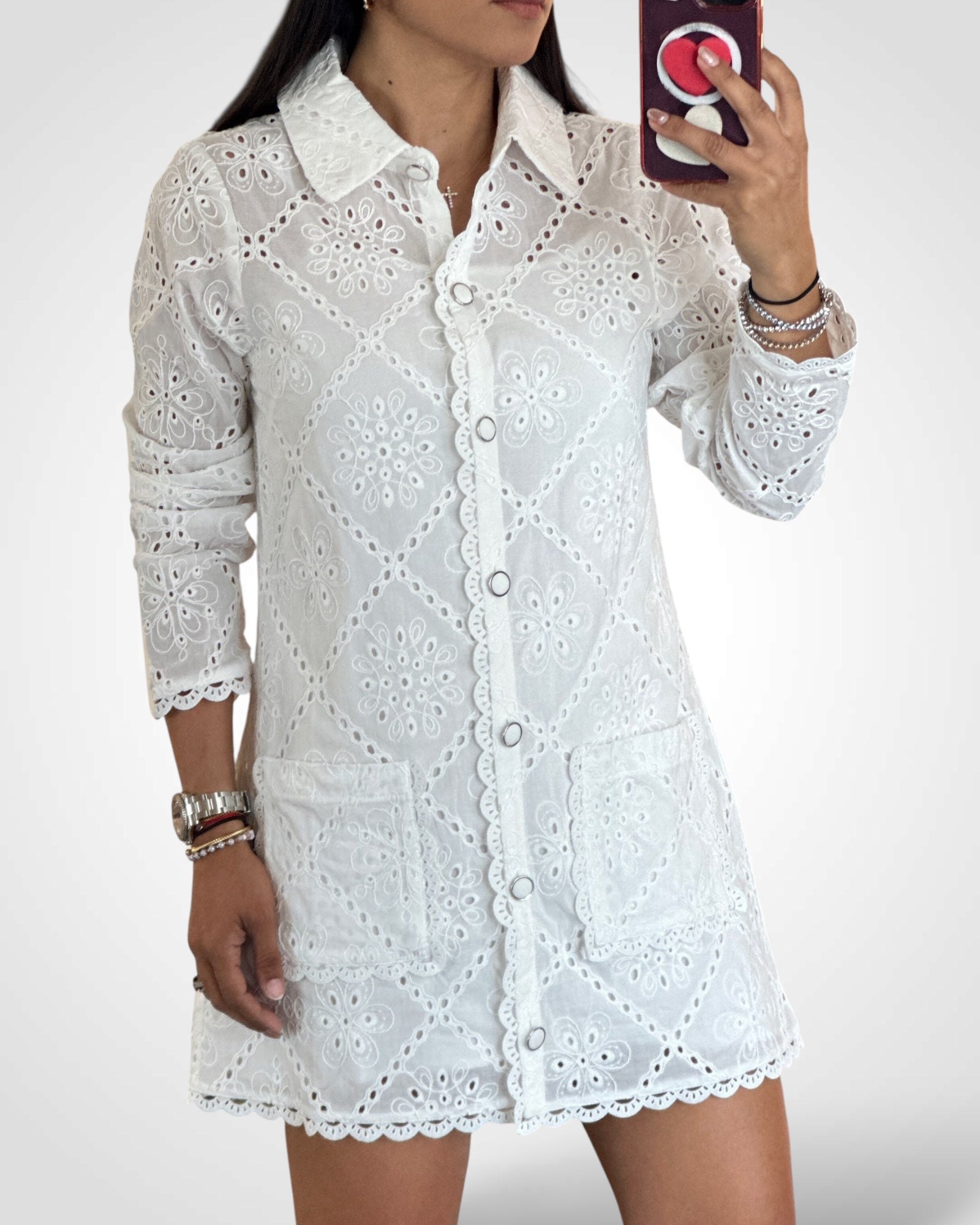 Eyelet Shirt Dress•