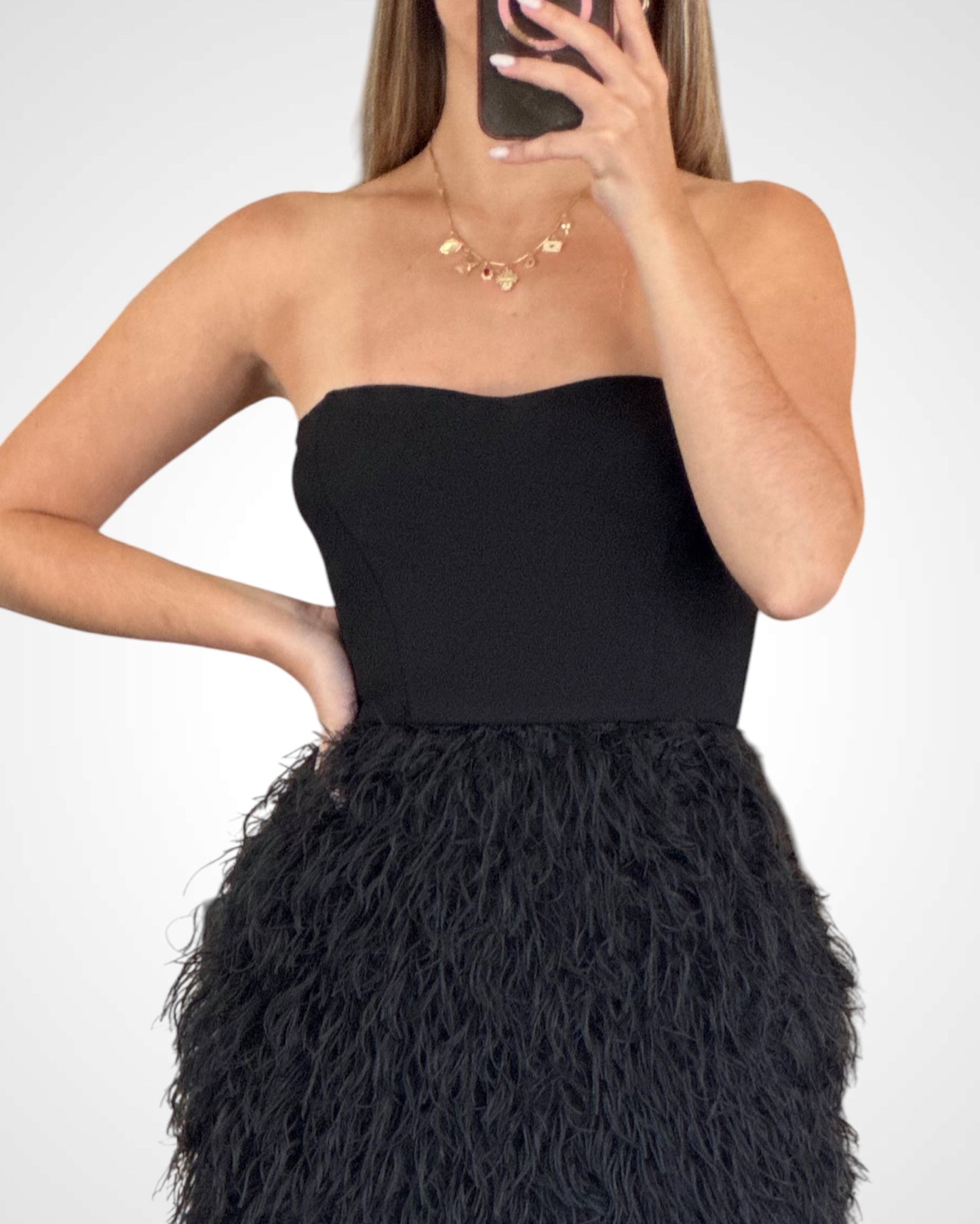 TUBE TOP FRILL FAUX FUR MAXI DRESS