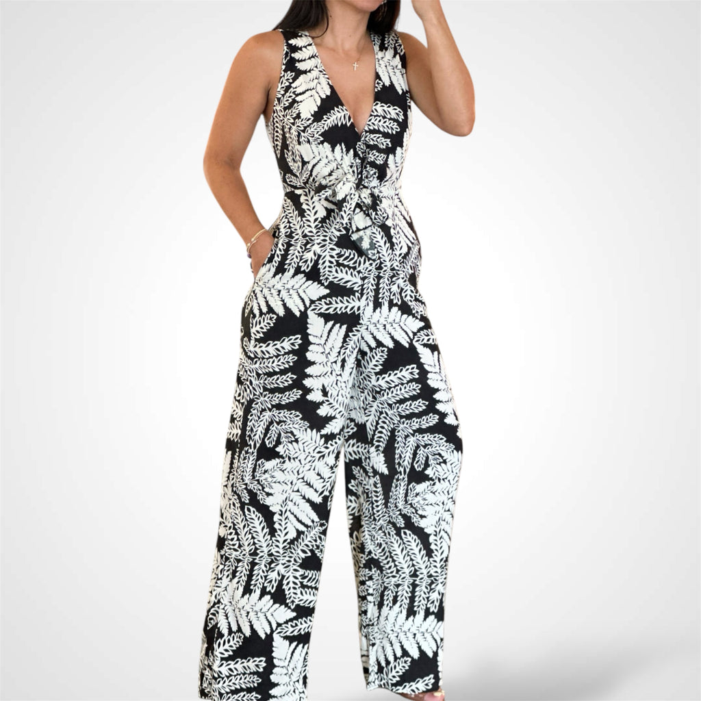 SLEEVELESS TIE FRONT CHEST ELASTIC WAISTED JUMPSUIT