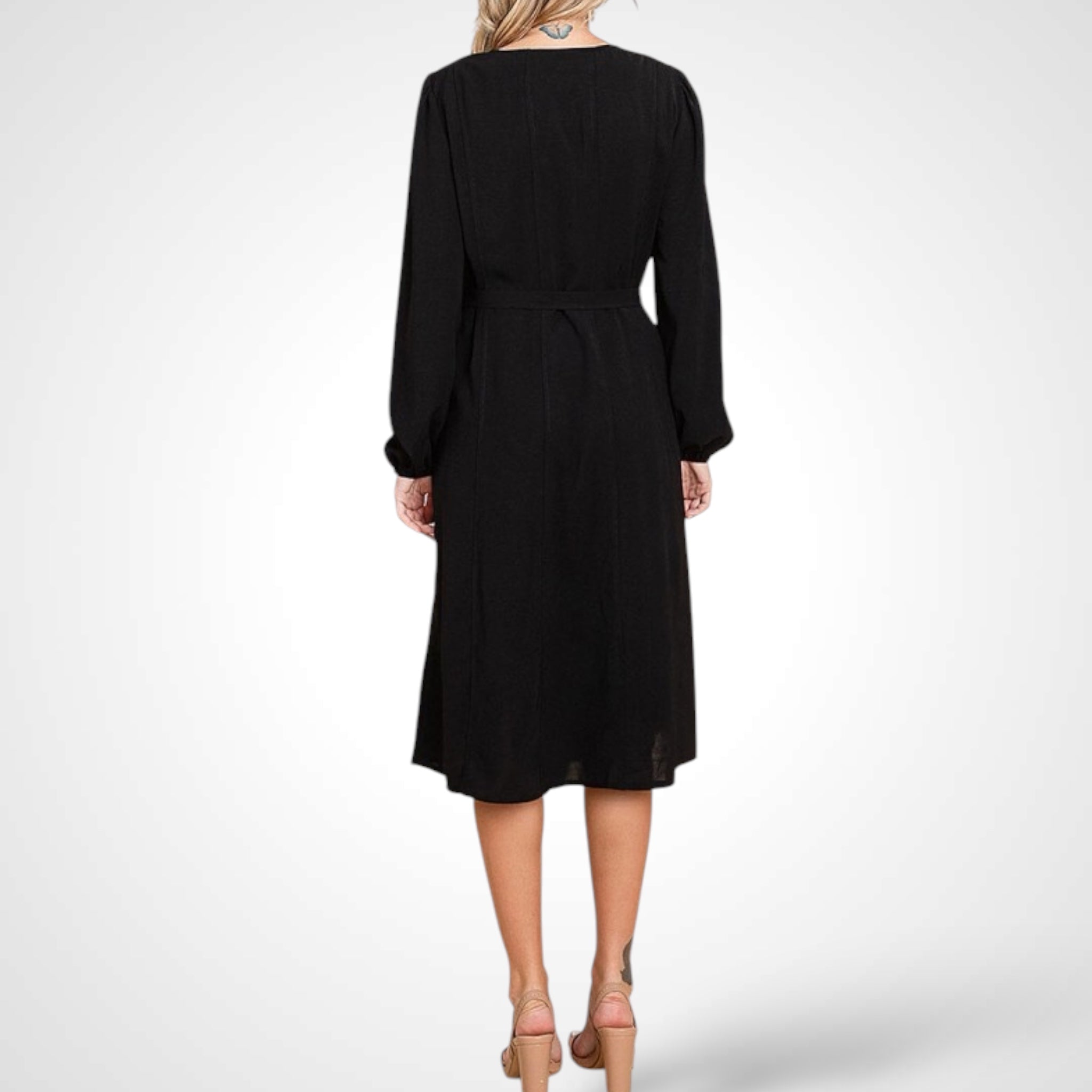 Long Sleeve Button Up Belted Midi Dress•-2