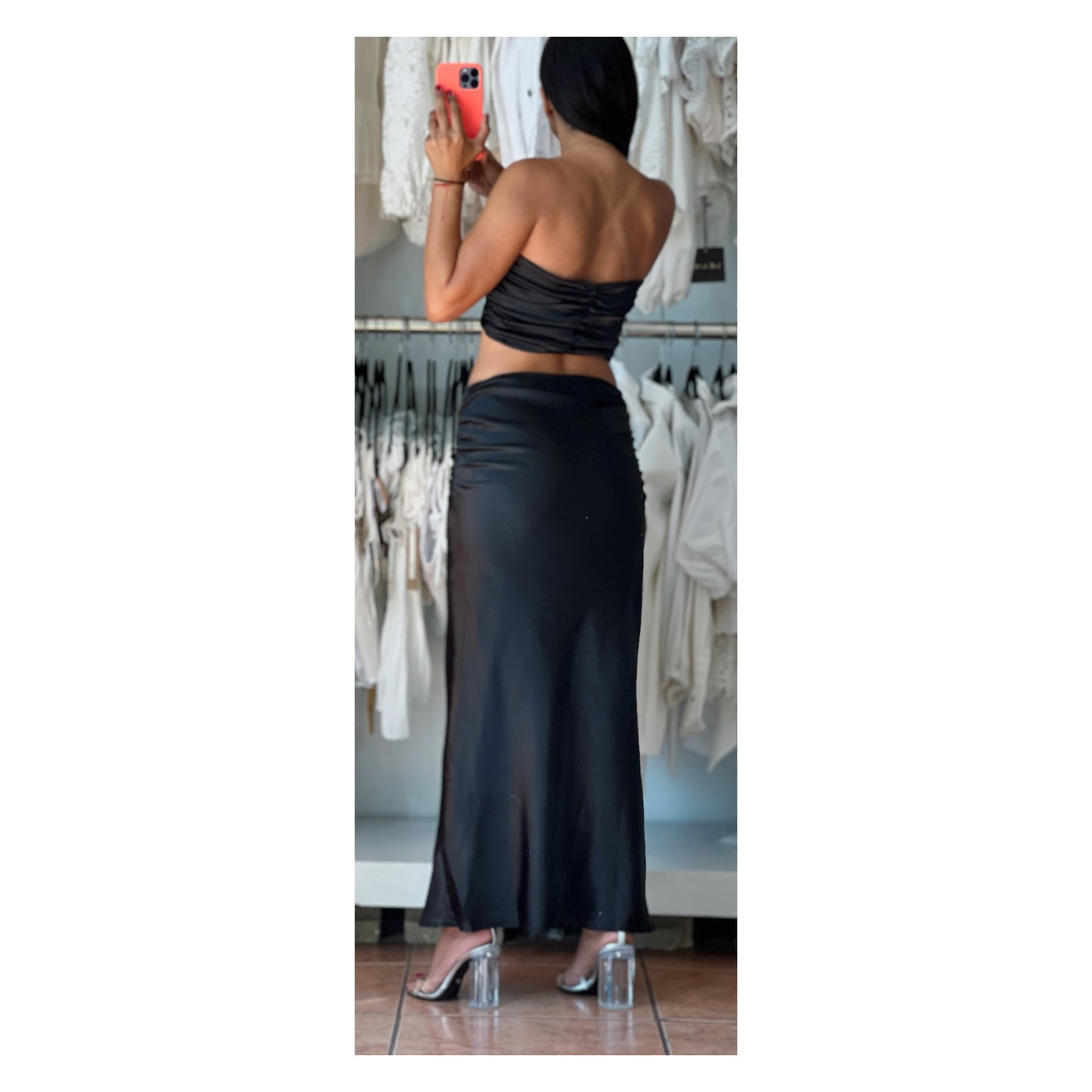 SATIN ROSETTE RUCHED TUBE TOP