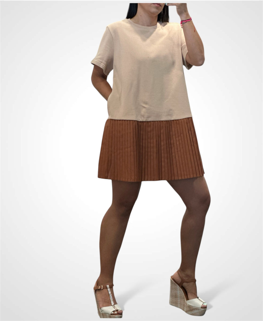 POPLIN PLEATED CONTRAST KNIT MINI DRESS