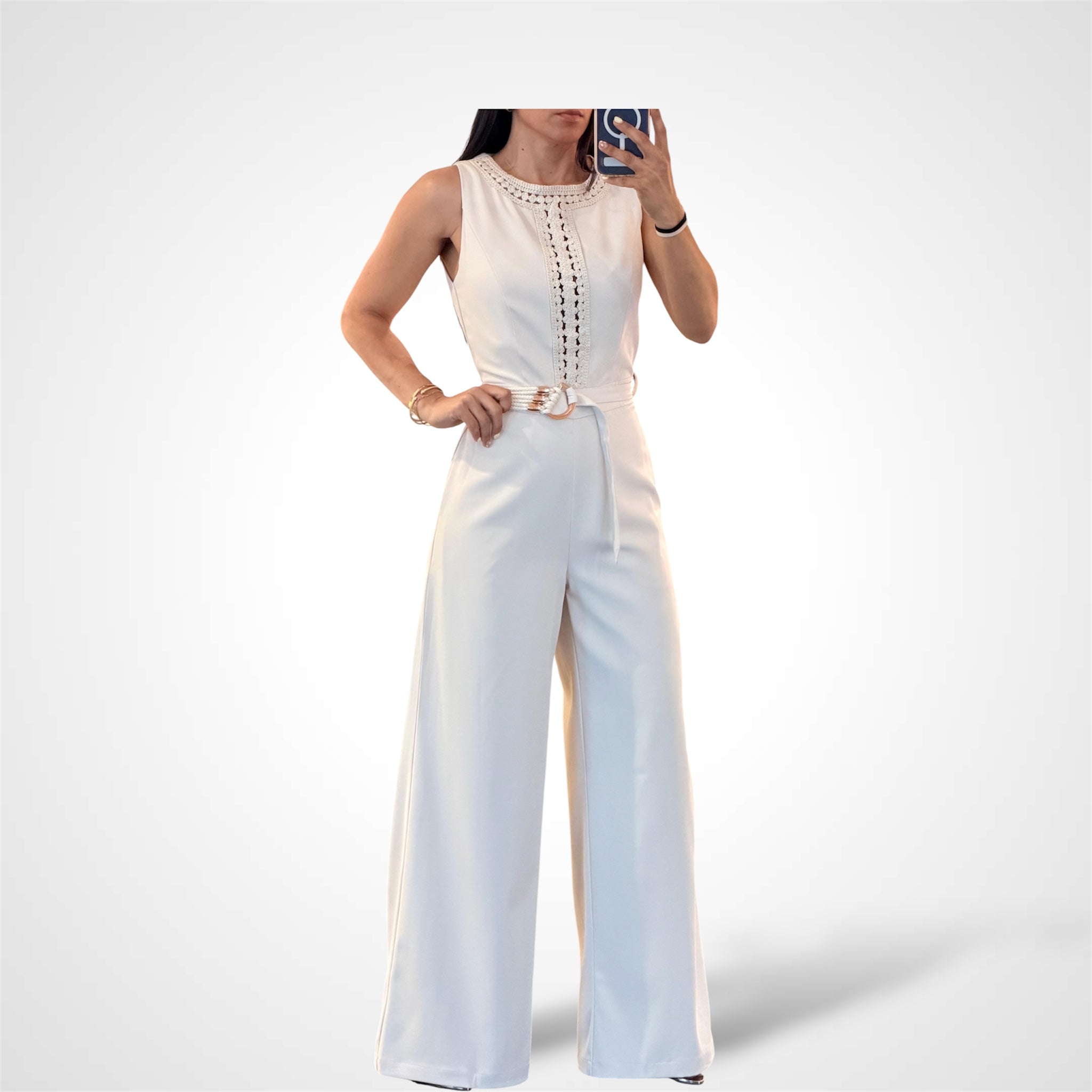 Crochet Trim Wide Leg Belted Jumpsuit