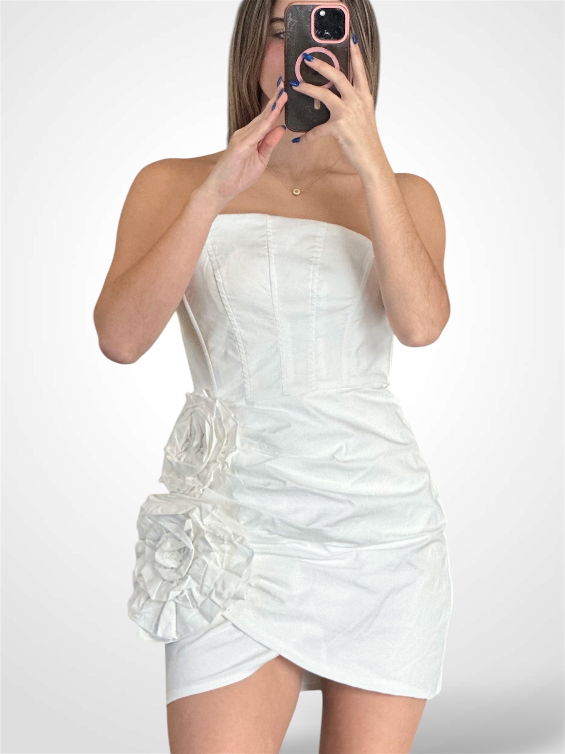 WHITE TUBE DOUBLE FLOWER MINI DRESS-1