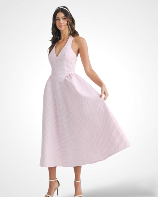 PINK GINGHAMN PLAID HALTER NECKLINE MIDI DRESS