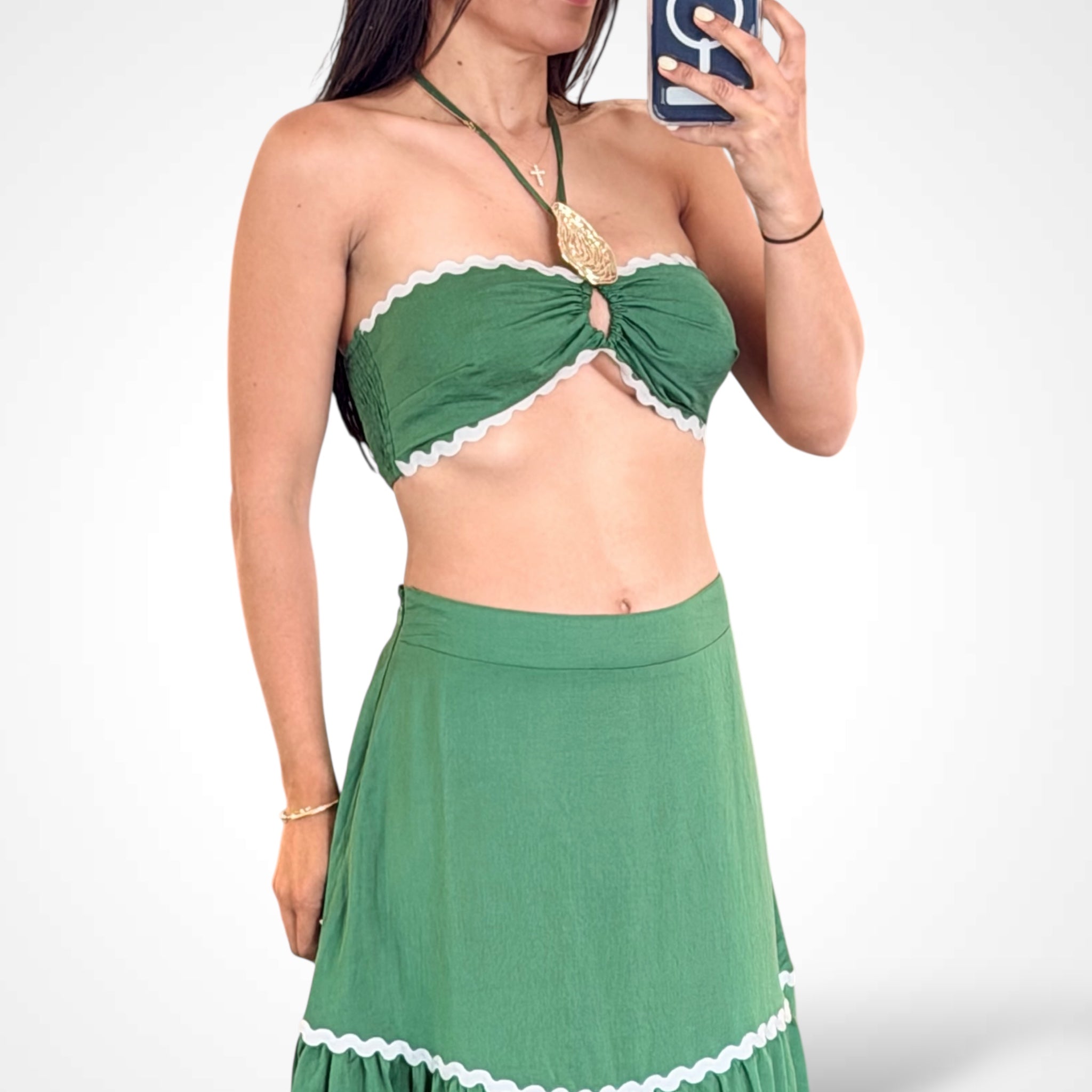 Green Sleeveless Crop Top Elastic Waist Skirt Trim Set•-2