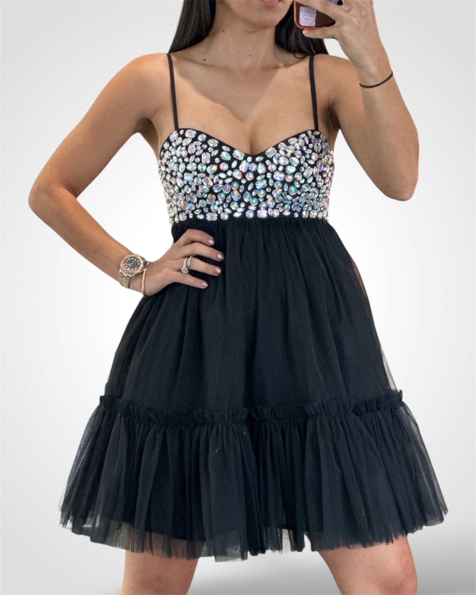 SLEEVELESS TIERED RUFFLE STUDS DETAILED MINI DRESS