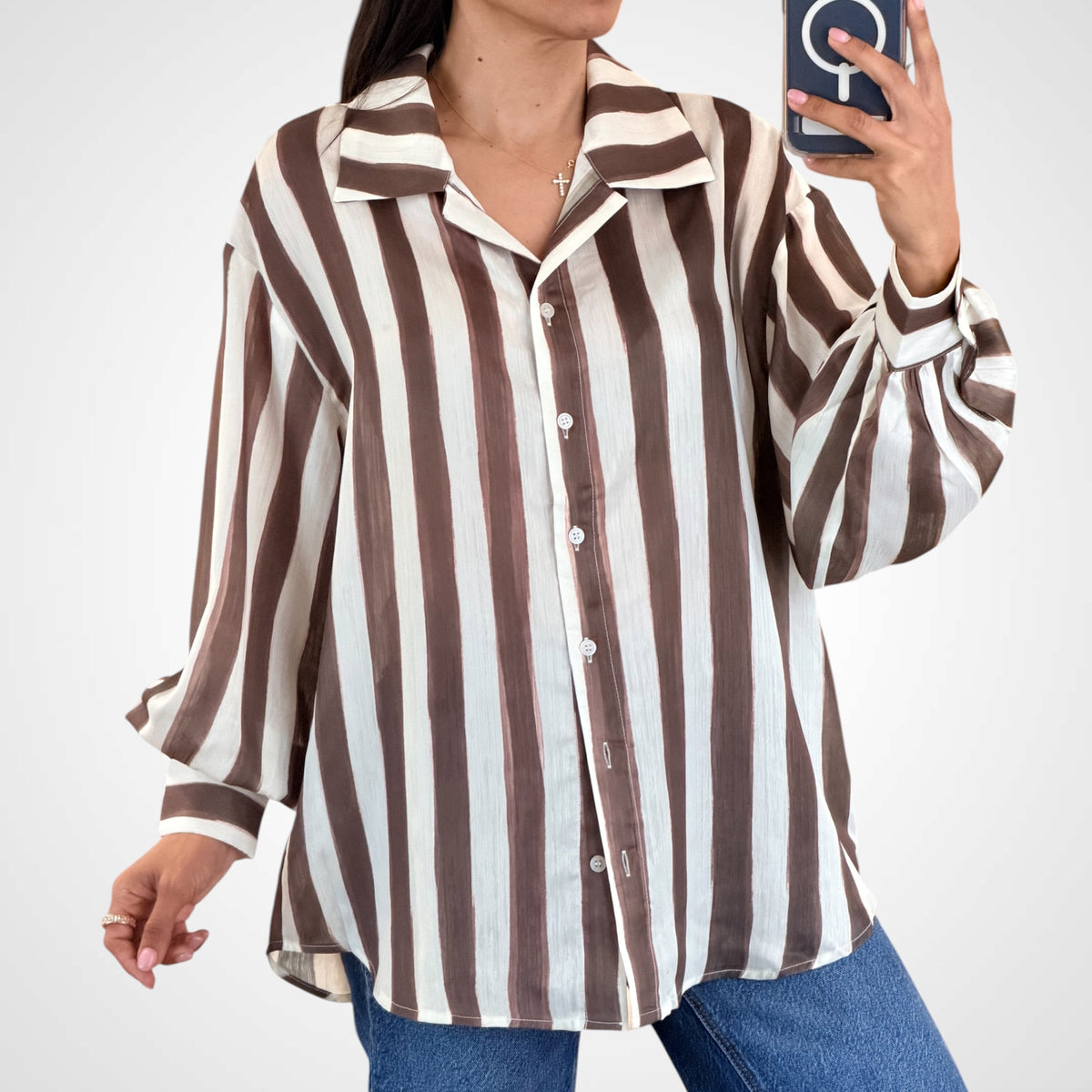 Mocha Striped Button-Up Shirt-1