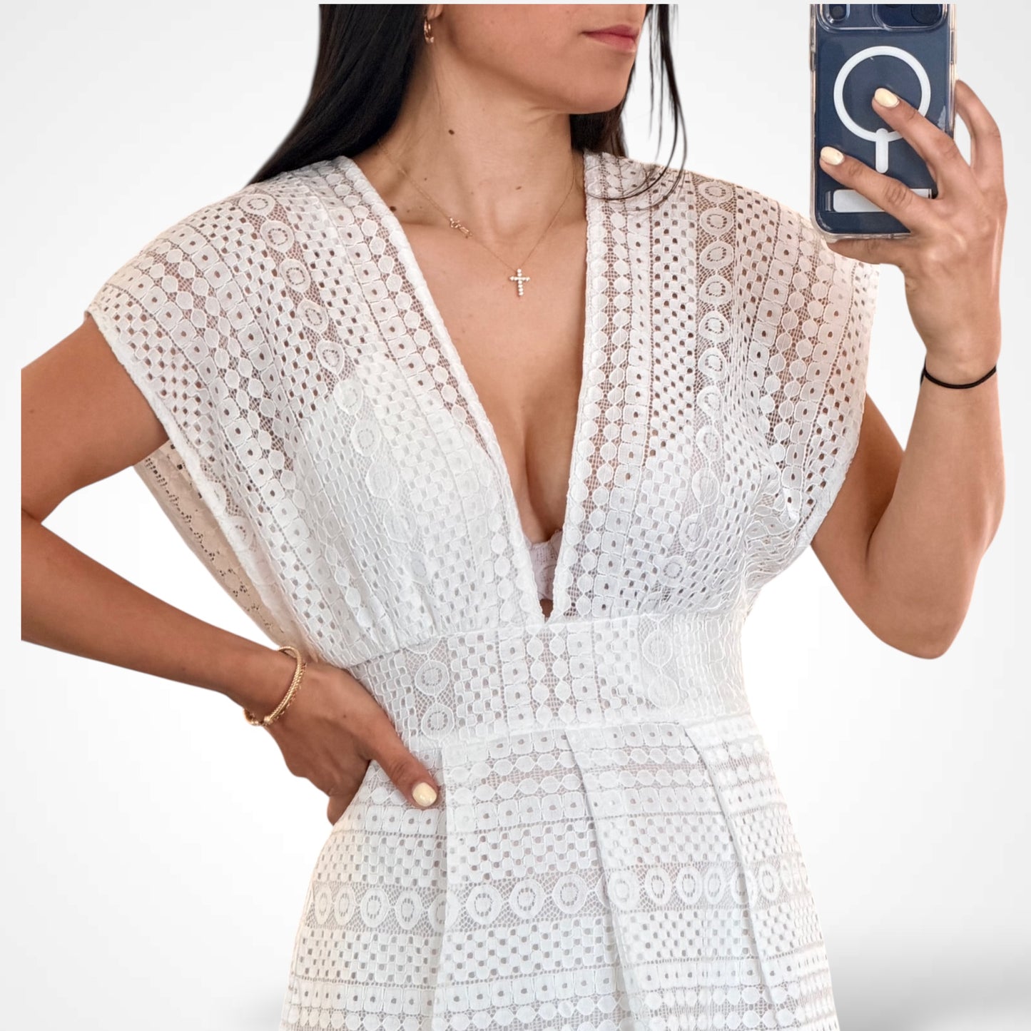 Short Sleeve V-neck Lace Detailed Maxi Dress