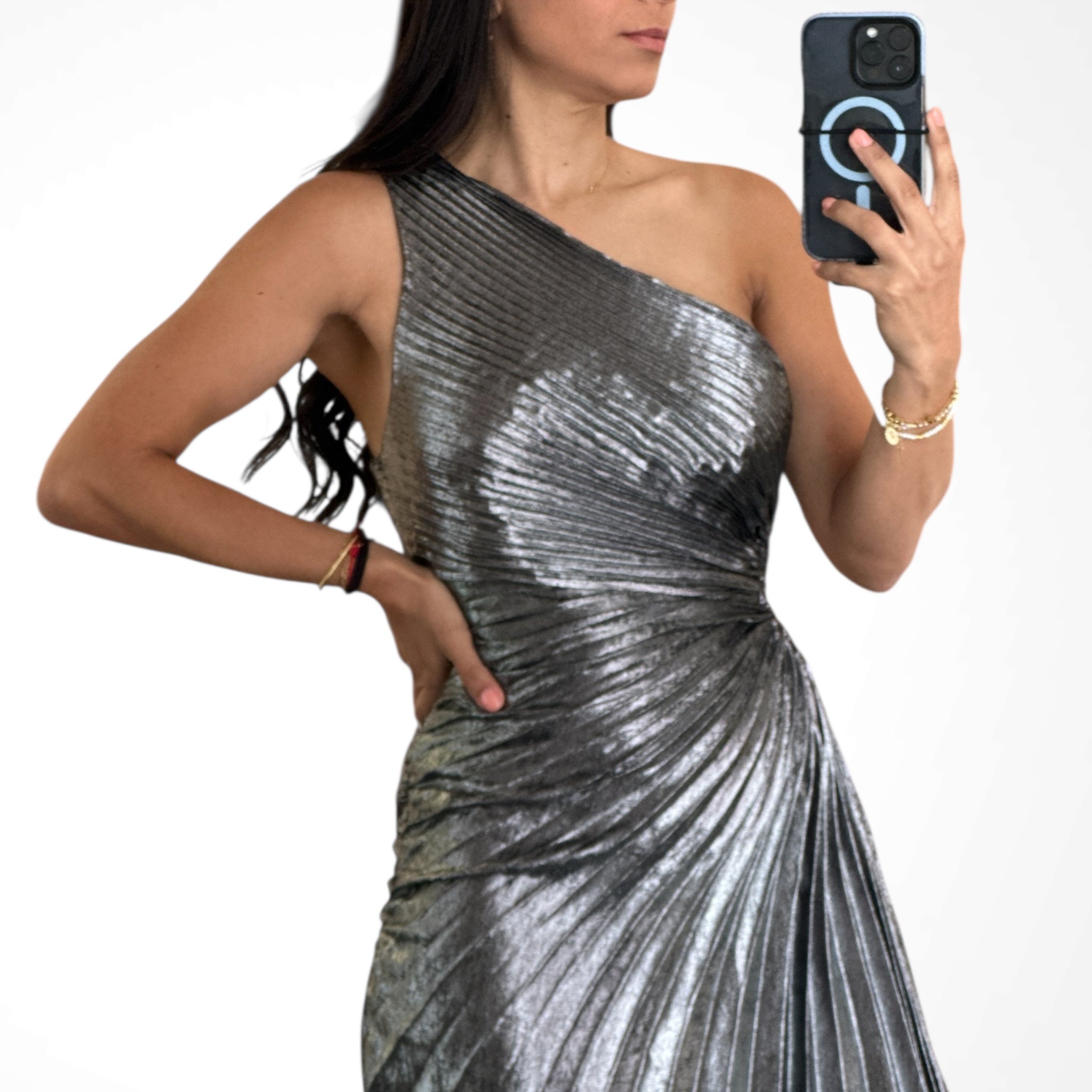 Black-Silver Metallic Pleated One S Dress•-2