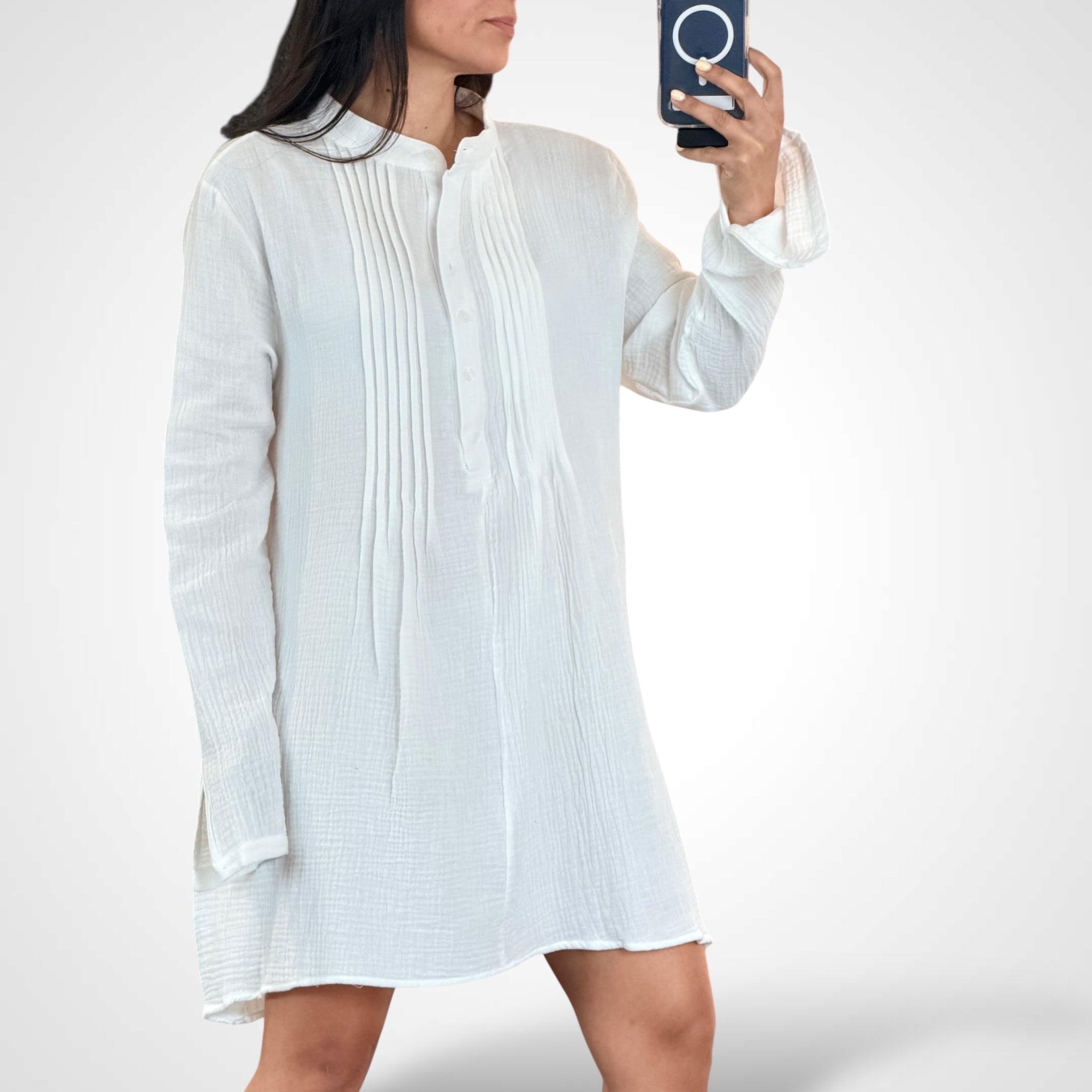 Long Sleeve V-neck Button Up Loose Fit Mini Dress•-1