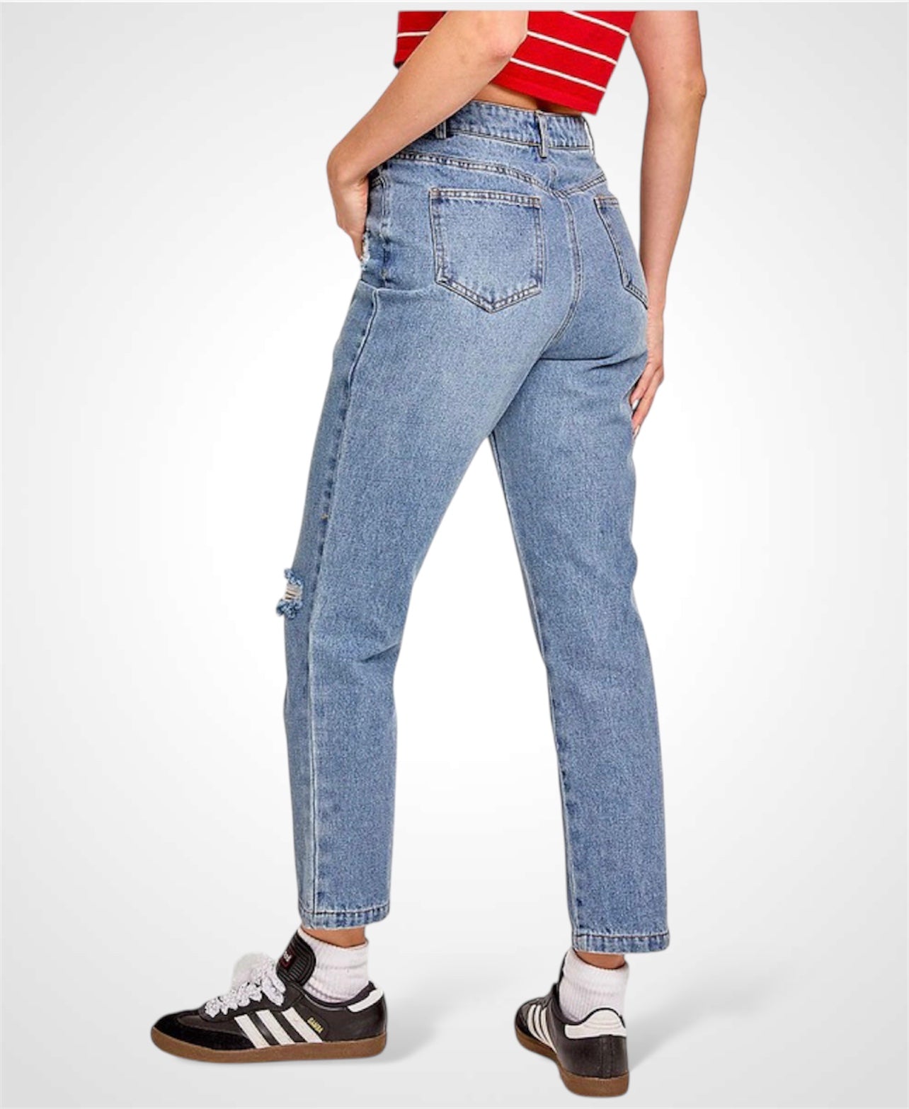 HIGH WAIST DISTRESSED WASHED JEANS•-2