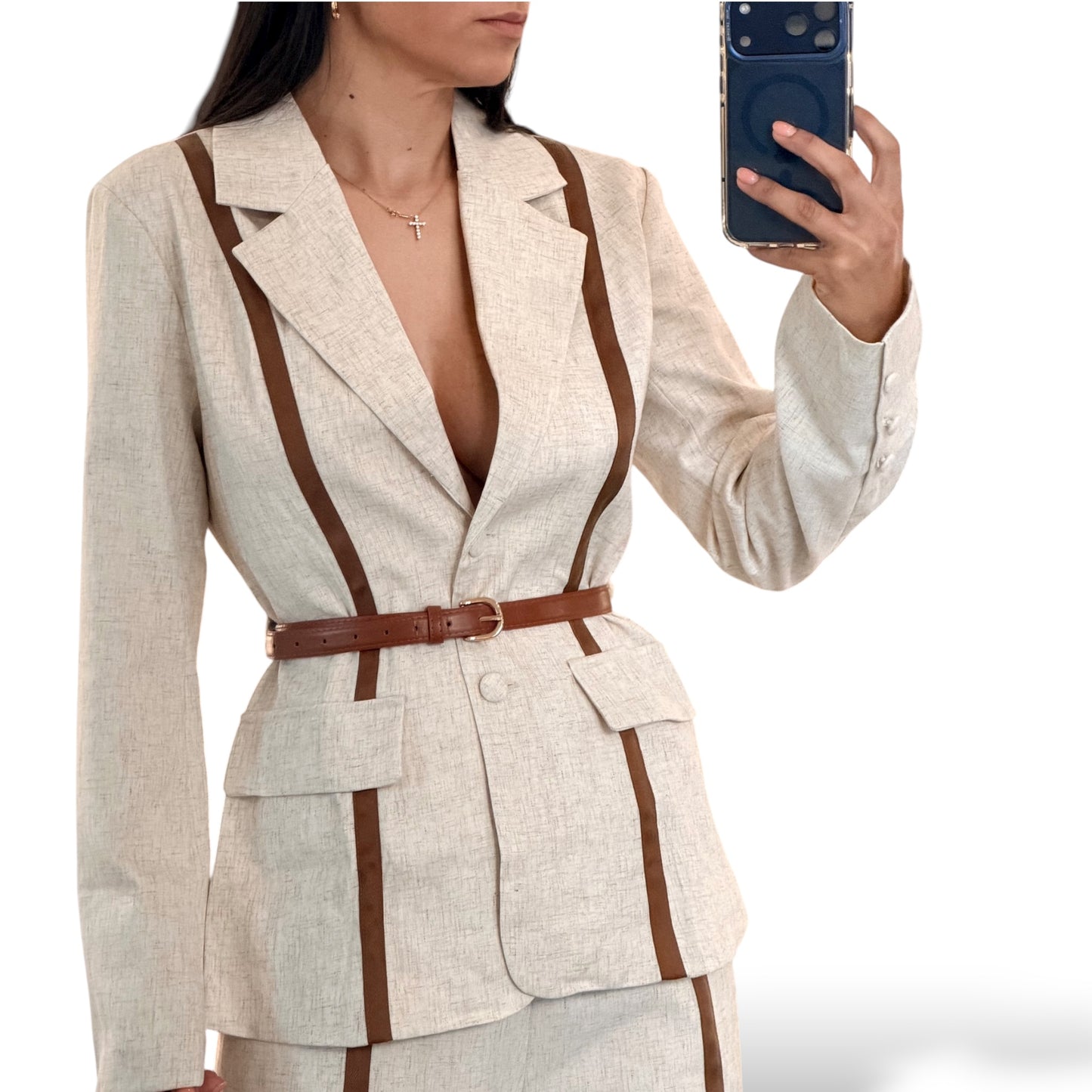 Contrast Beige Trim Blazer and Pants Set
