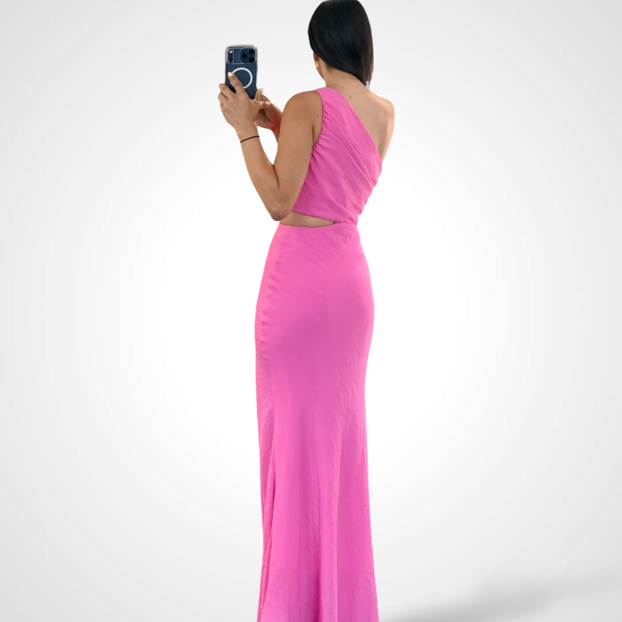 Hot Pink One Shoulder Dress with Flower•-3