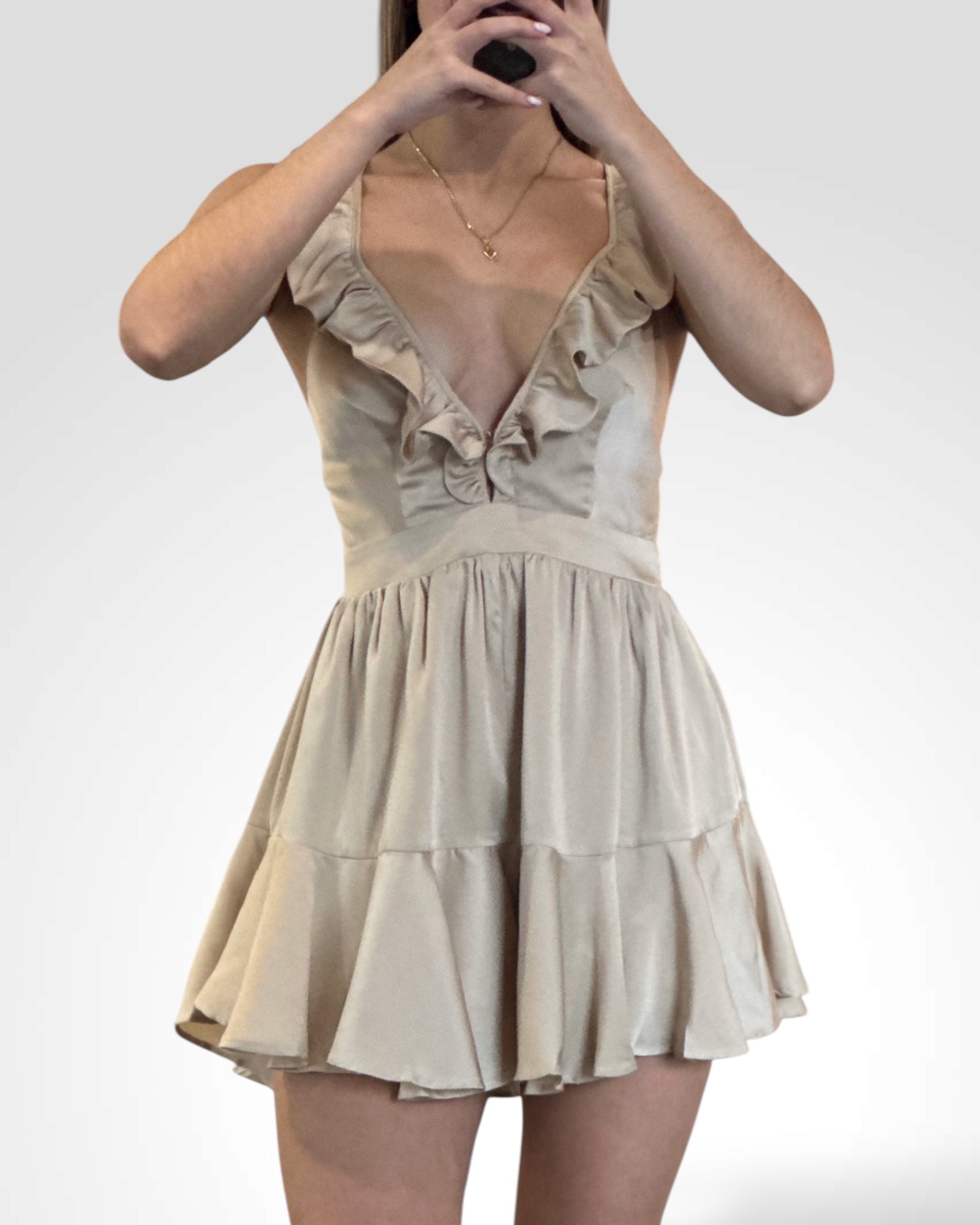 V NECK SATIN SLEEVELESS RUFFLE MINI ROMPER•-1