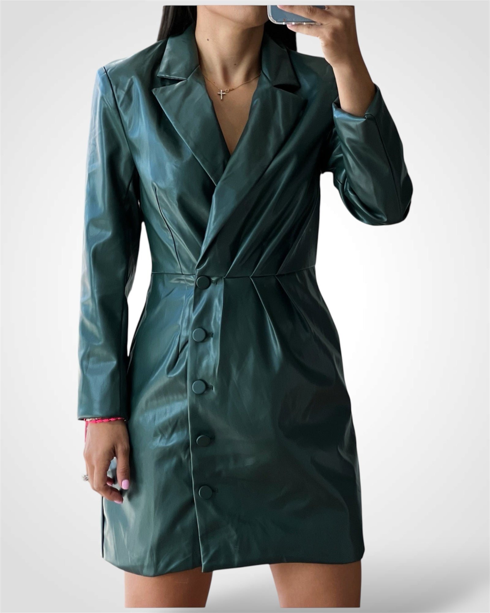 SJQ- Deep Green Leather Blazer Dress