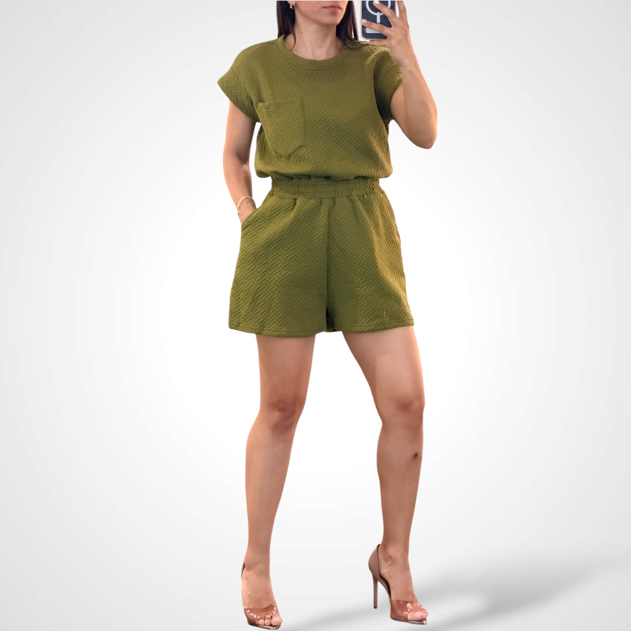 Olive Drop Shoulder Textured Heavy Knit Romper•-1