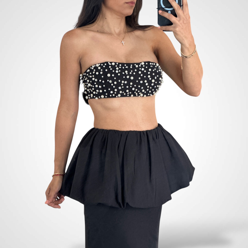 PEARL RHINESTONE BANDEAU TOP AND SKIRT SET