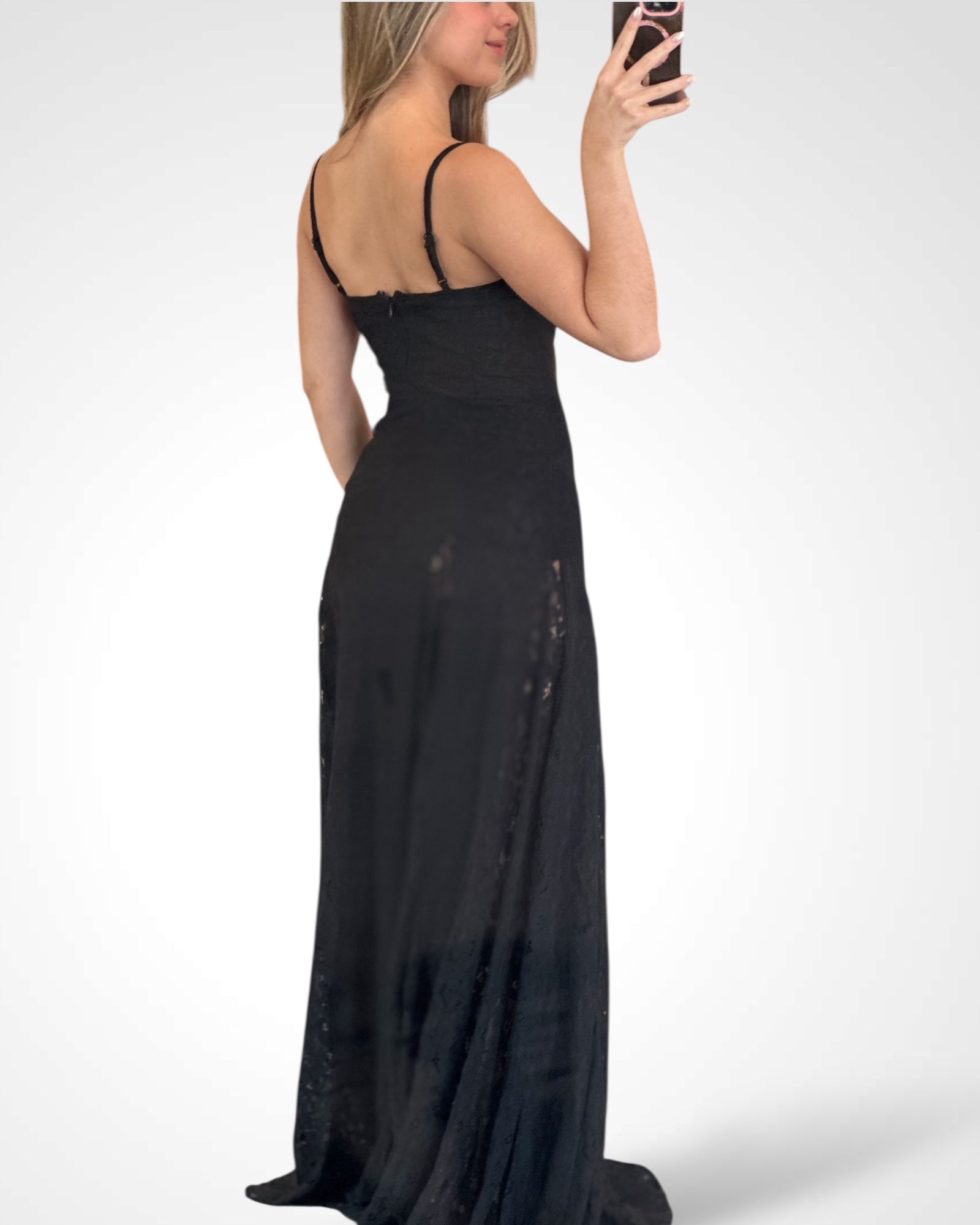 Black Floral Lace Godet Maxi Dress