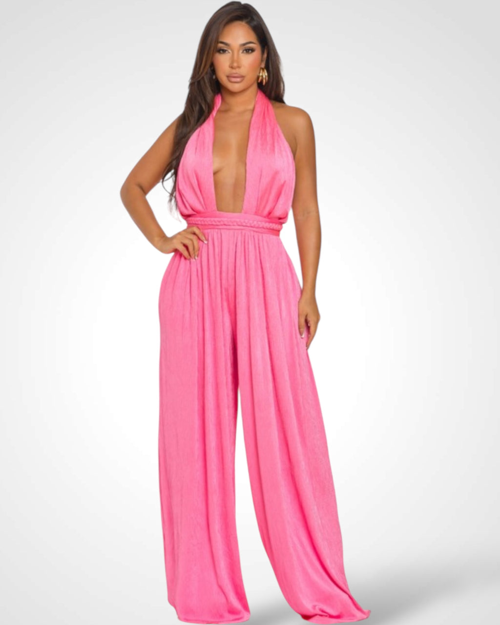 DEEP V HALTER NECK LACE-UP JUMPSUIT