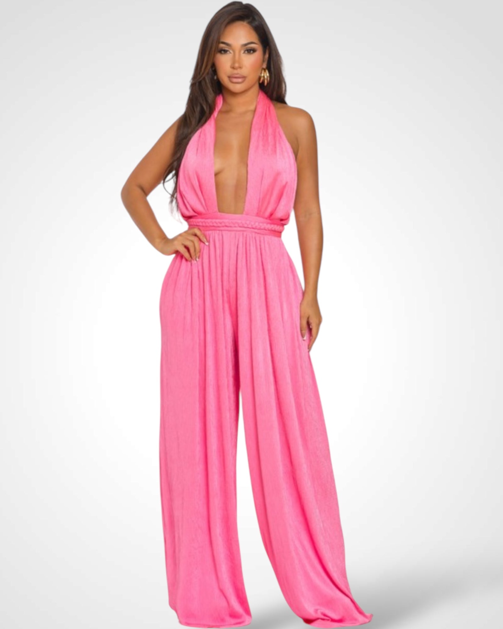 DEEP V HALTER NECK LACE-UP JUMPSUIT•