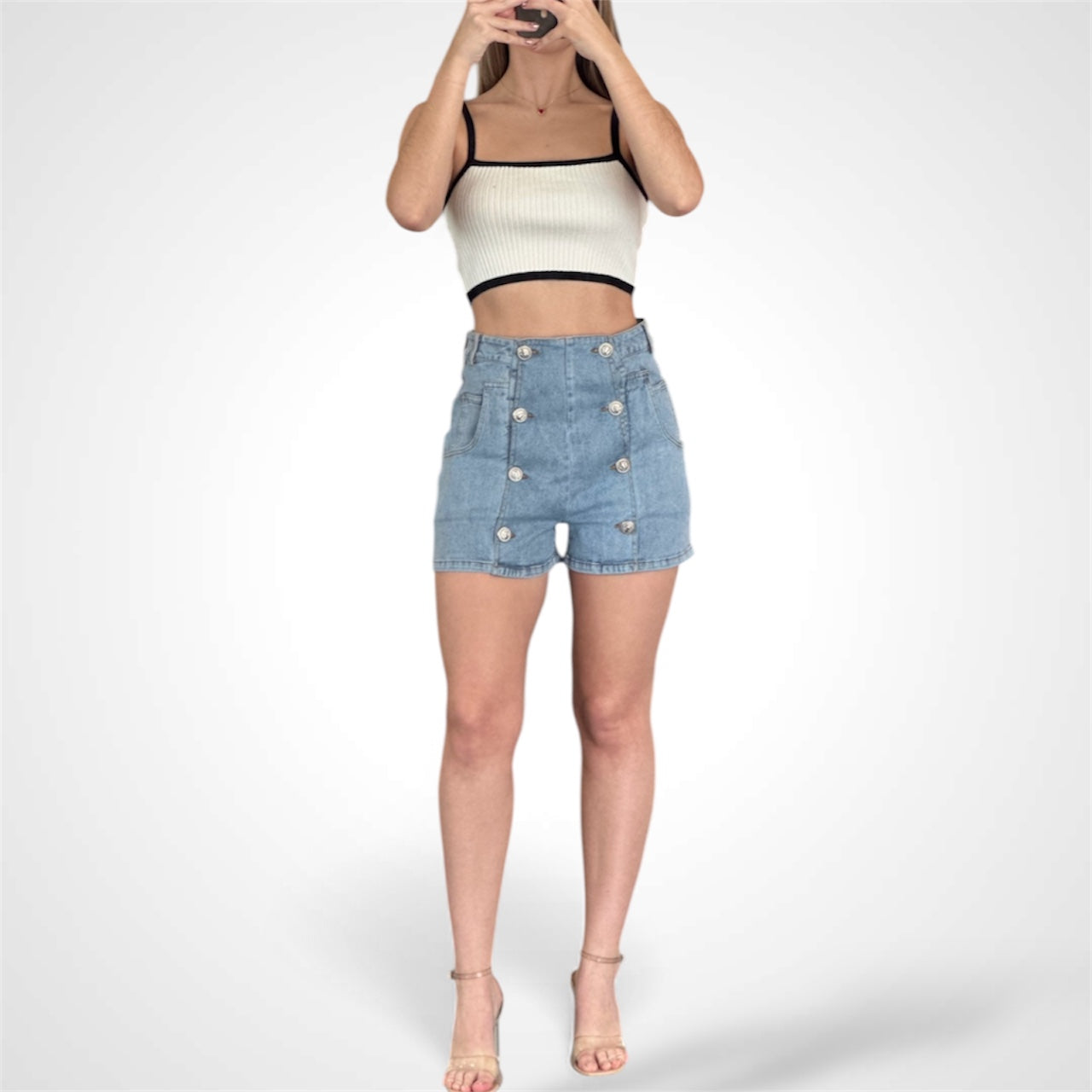 DOUBLE BREASTED BUTTON DETAIL DENIM SHORT•-2