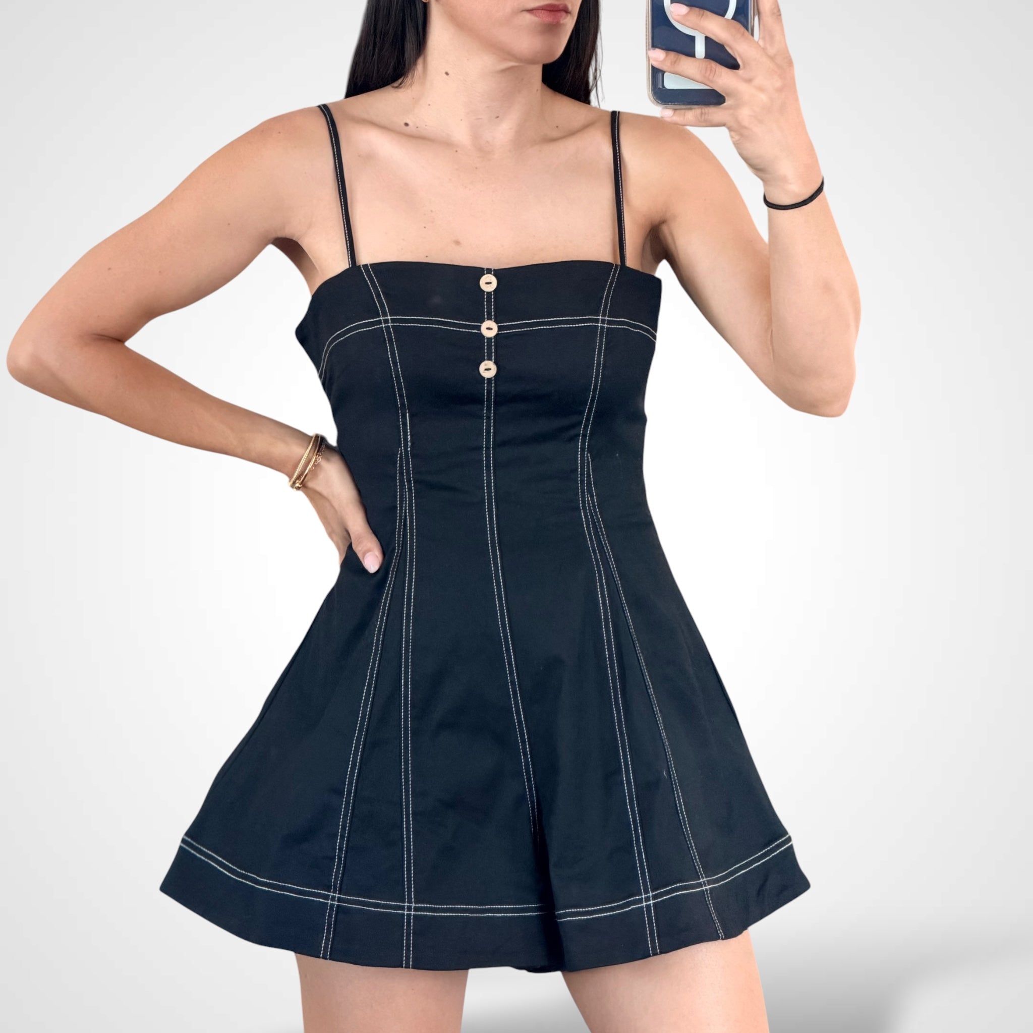 Sleeveless Button Godet Flare Romper-2