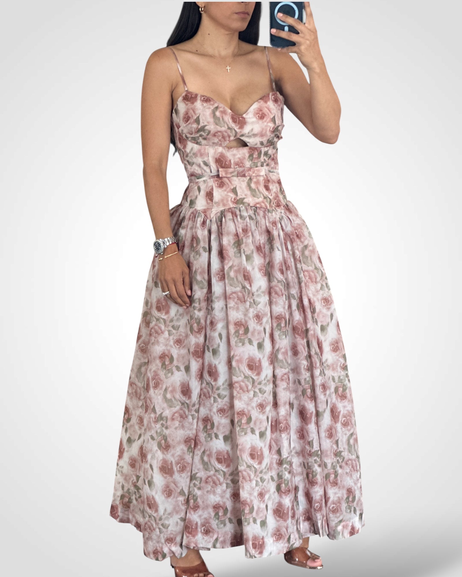 FLORAL ORGANZA SPAGHETTI STRAP MIDI DRESS