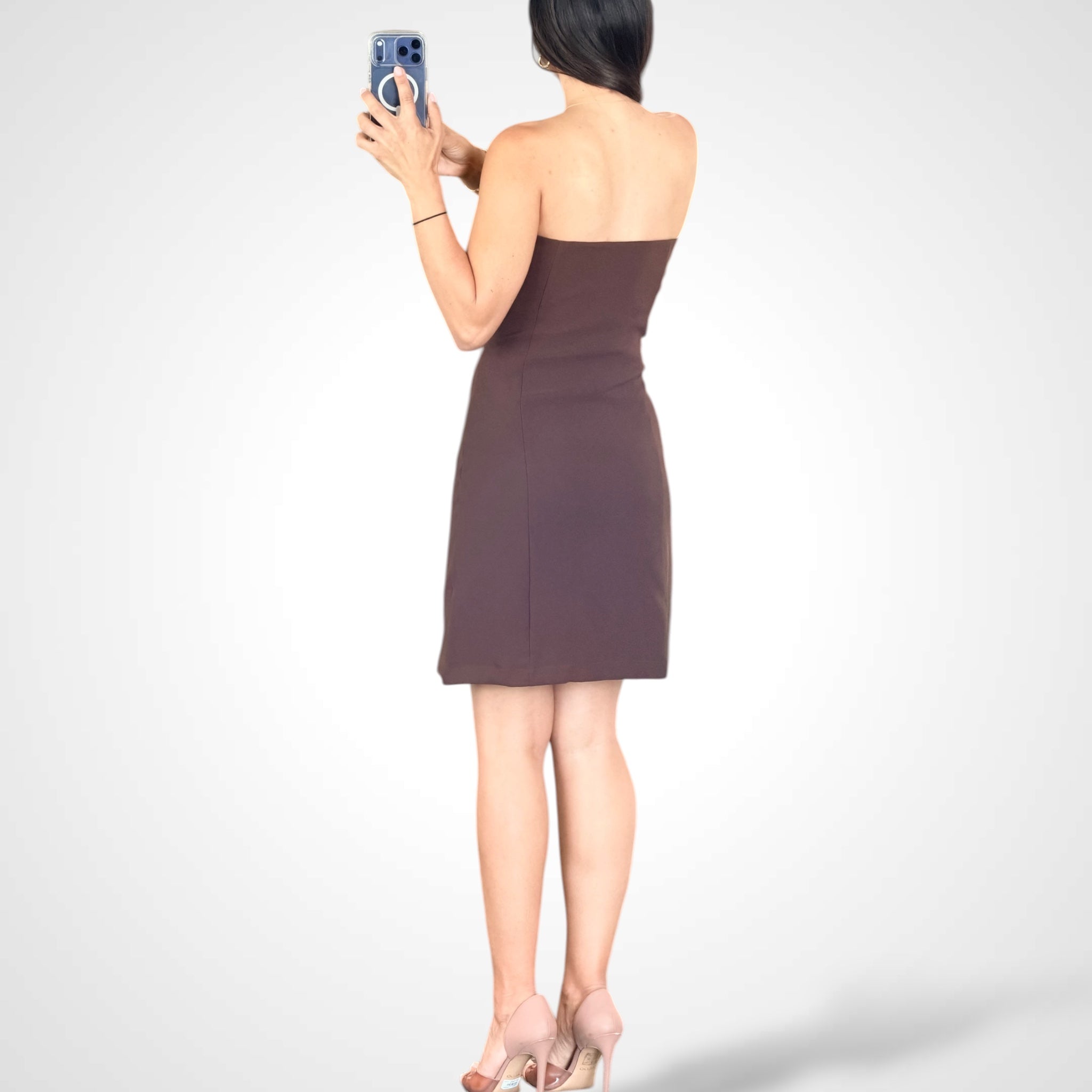 Fold Over Neck Gold Button Detail Strapless Dress•-3