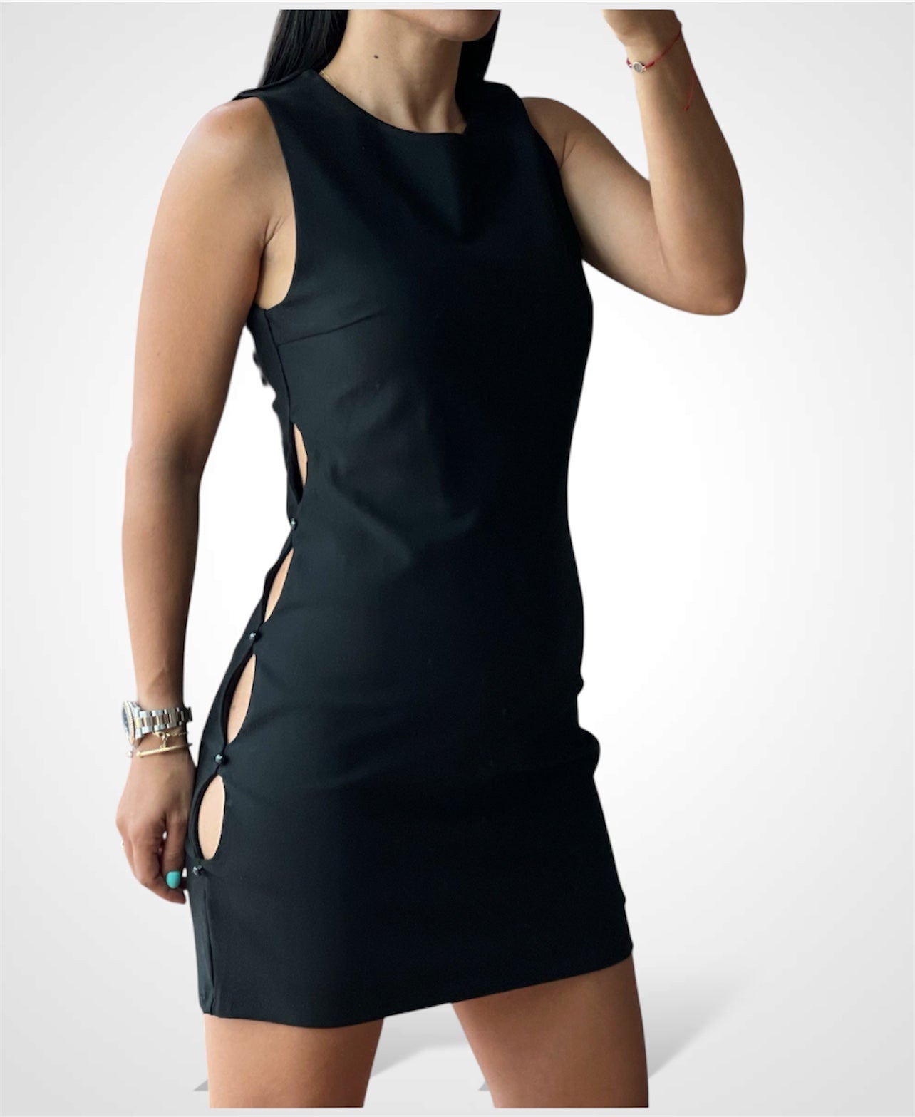 SIDE CUT OUT AND BUTTON DETAIL BODYCON MINI DRESS