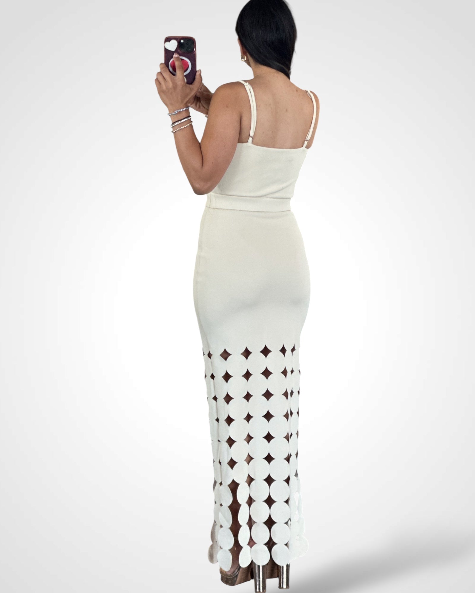 CREAM CIRCLE DETAILS LONG DRESS•-3