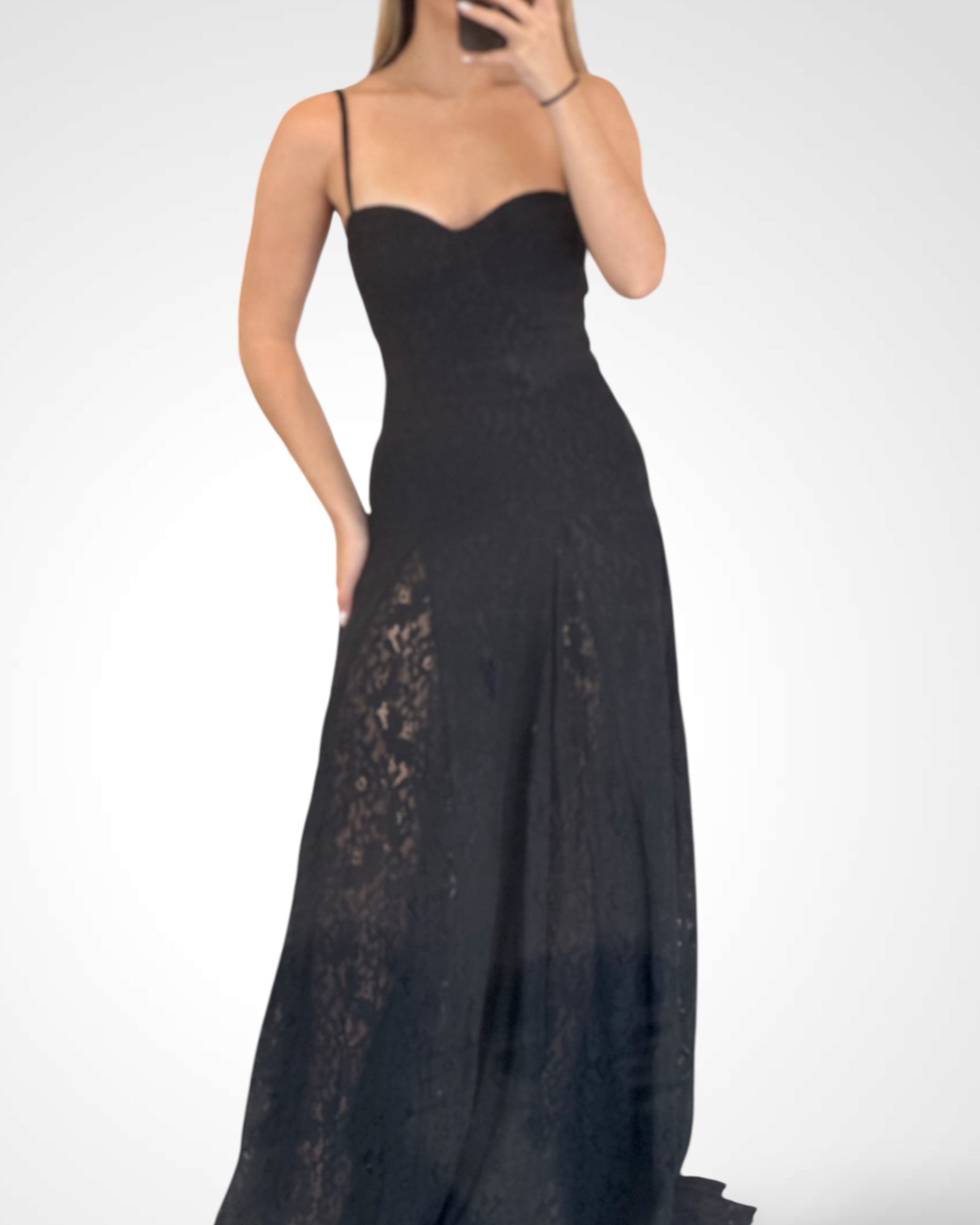 Black Floral Lace Godet Maxi Dress