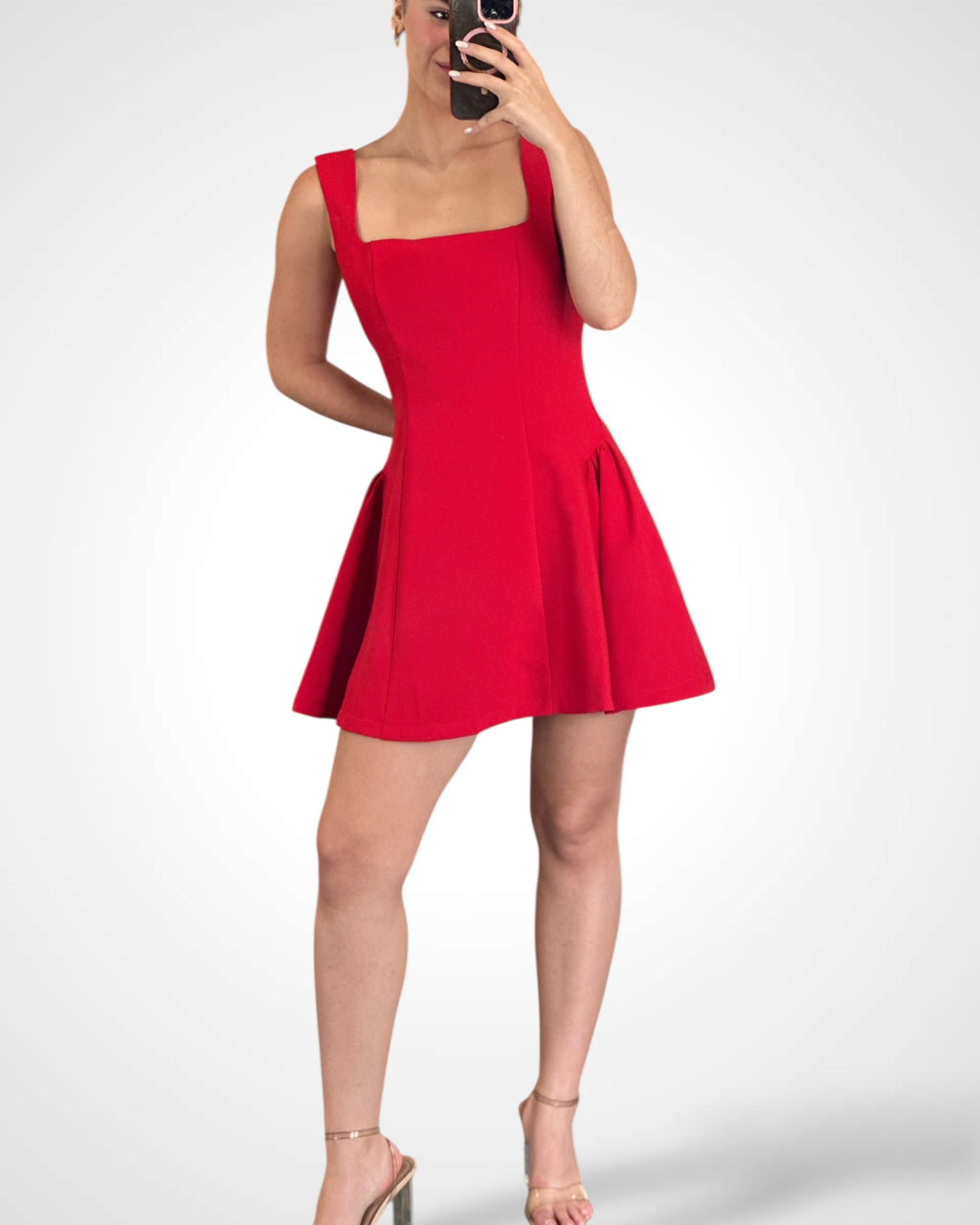SJQ-Red Square Neck Flare Mini Dress