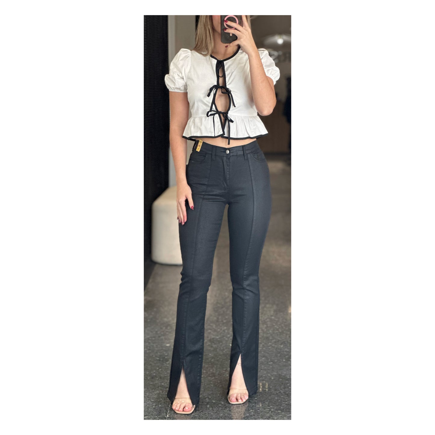PUFF SHORT SLEEVE CONTRAST BOW DETAIL OPEN BLOUSE