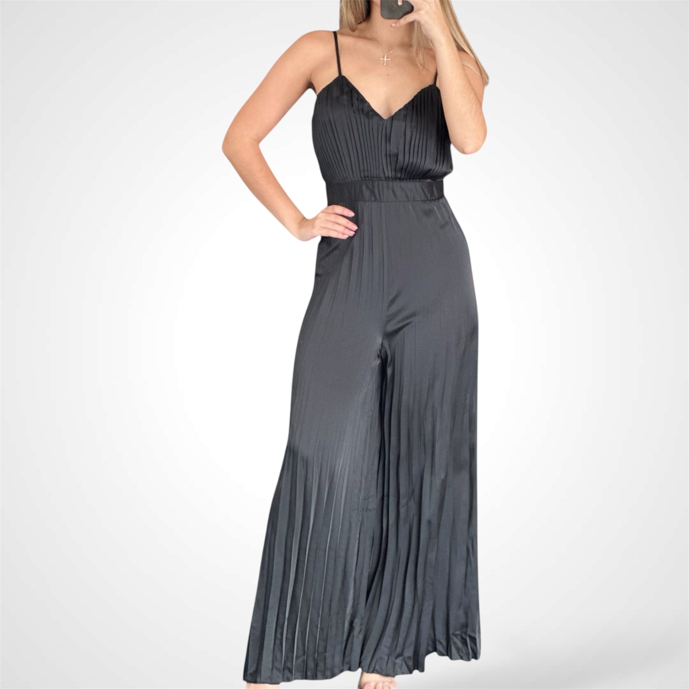 SATIN SPAGHETTI STRAP PLEATED WIDE LEG JUMPSUIT•