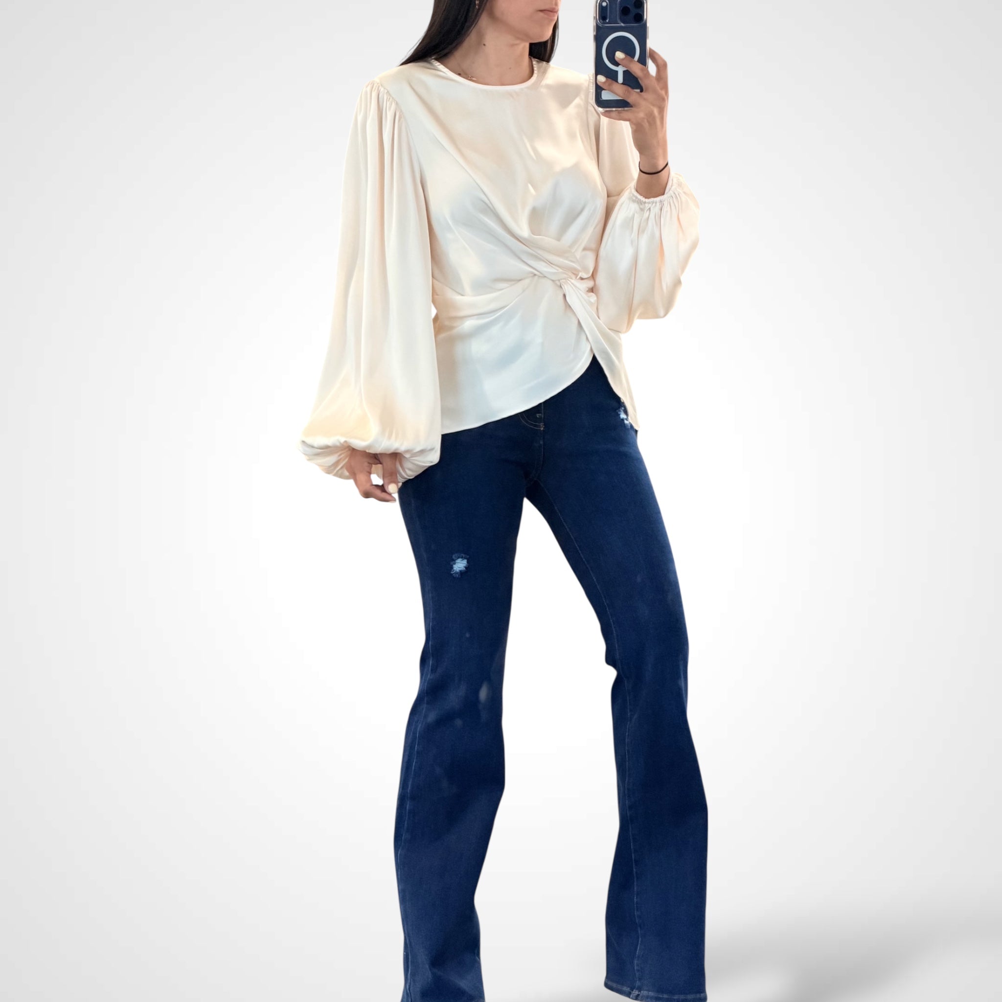 CREAM TWISTED FRONT SILKY SATIN TOP•-2