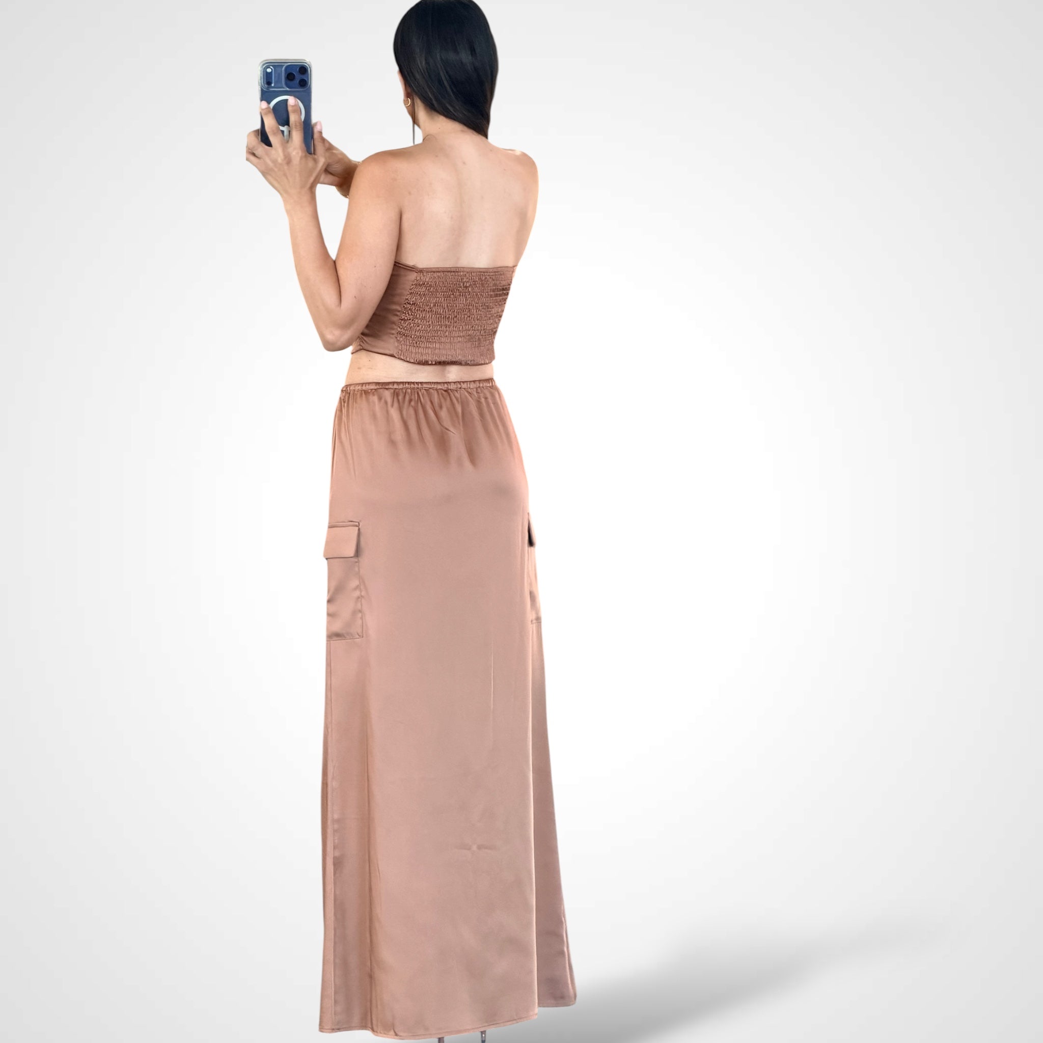 Satin Bandeau Crop Top And Maxi Skirt Set•-3