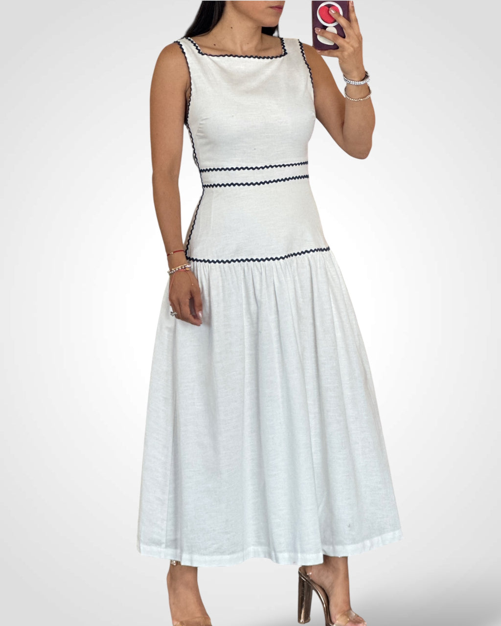 SJQ-Sleeveless Square Neckline Ricrac Trim Midi Dress