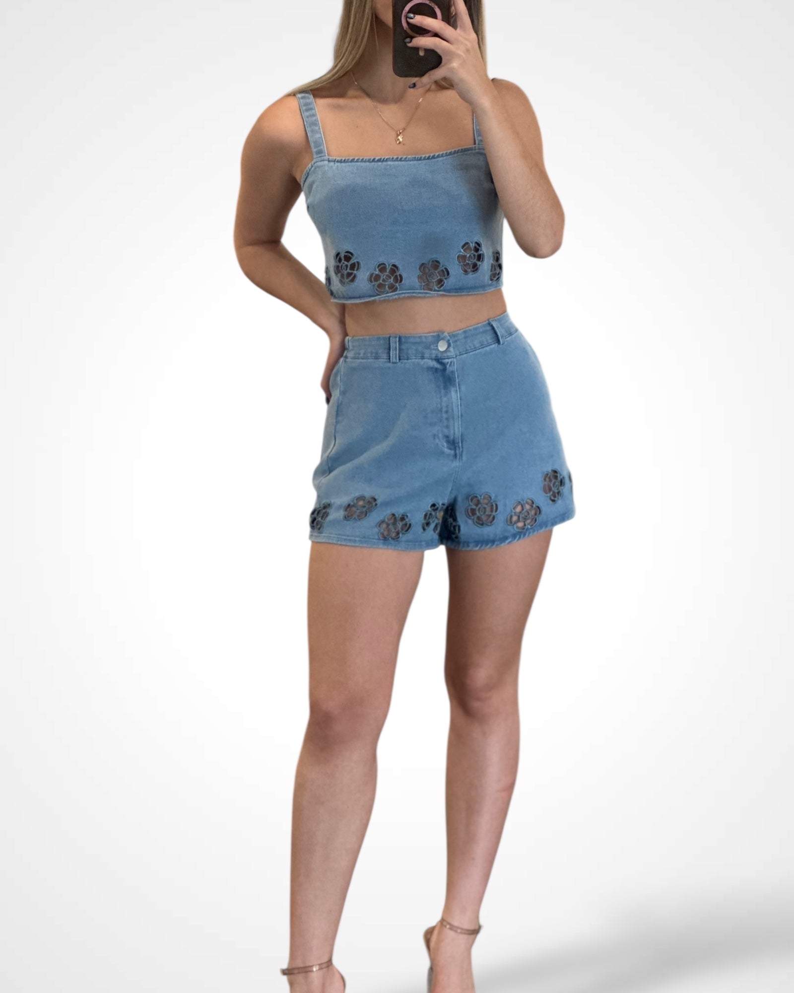 Embroidered Denim Crop Top W/ Matching Shorts-2