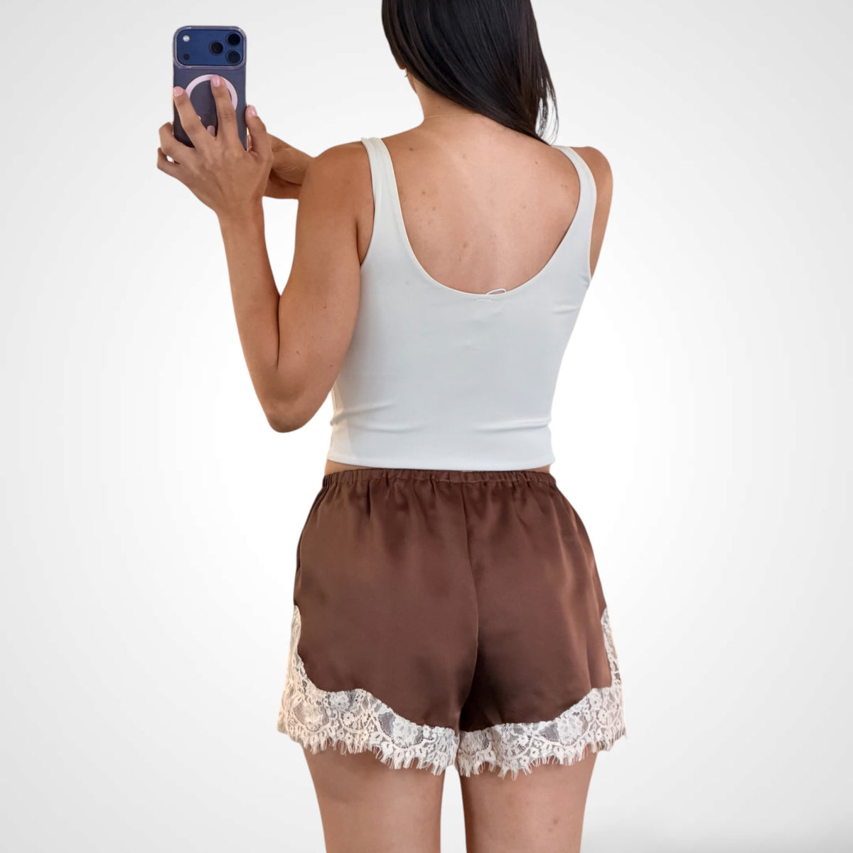 Luna Lace Brown Satin Shorts-2