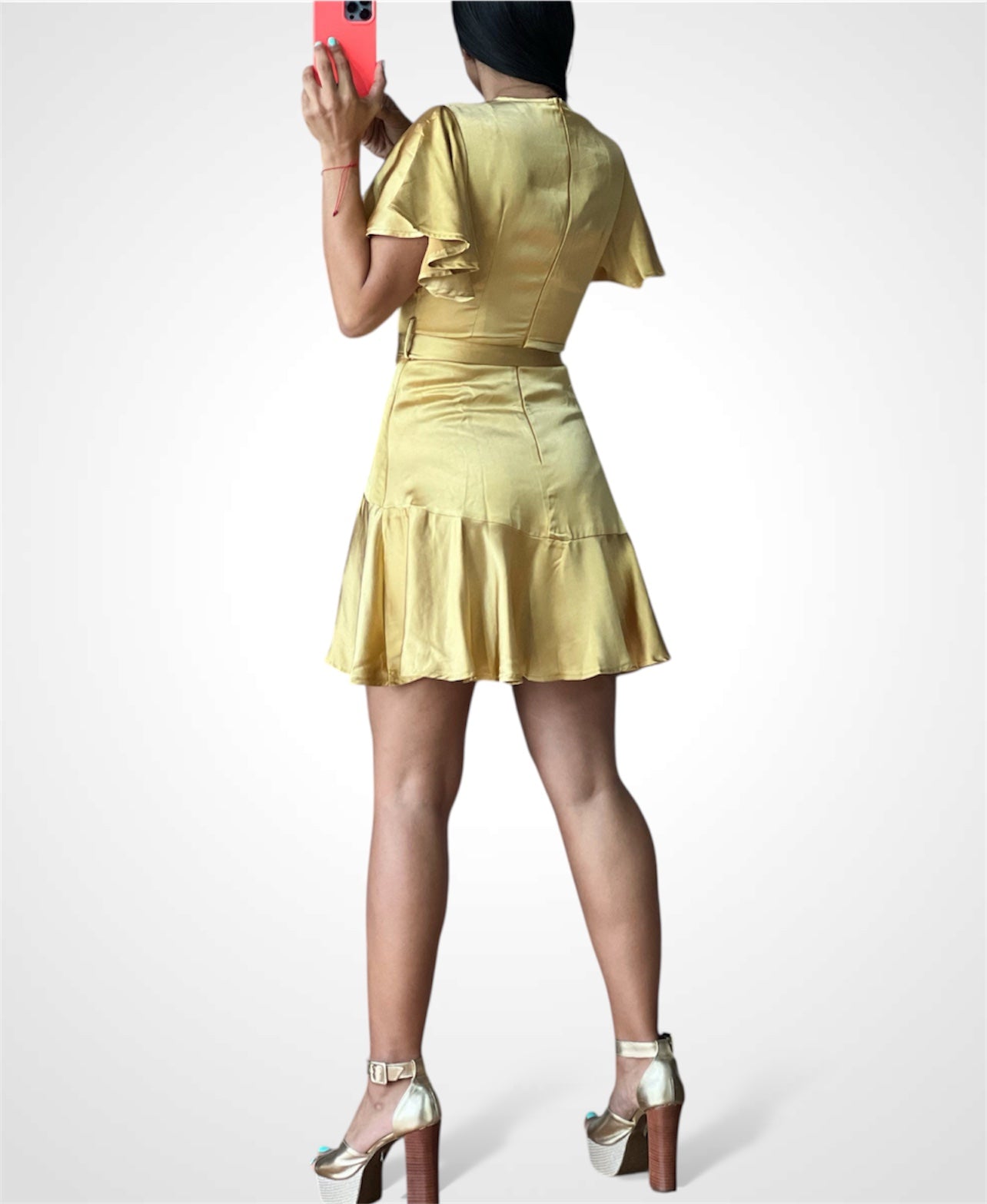 SATIN SHORT FLUTTER SLEEVED FAUX WRAP MINI•-3