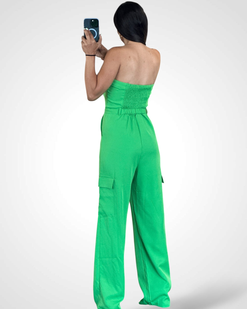 SOLID OFF SHOULDER SMOCK BELTED WIDE LEG JUMPSUIT