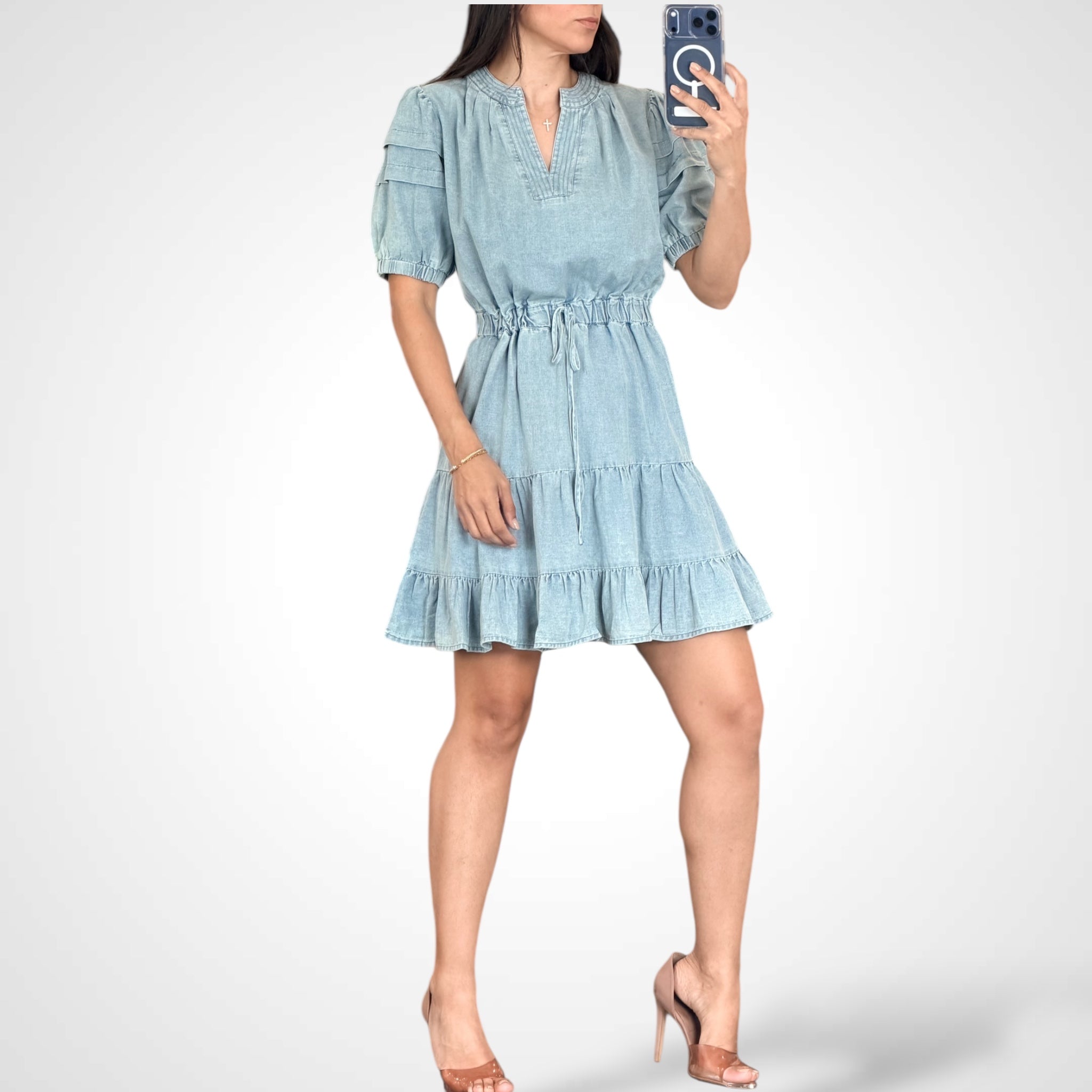 Stitched Neck Band With Tuck Detailed Denim Dress•-2