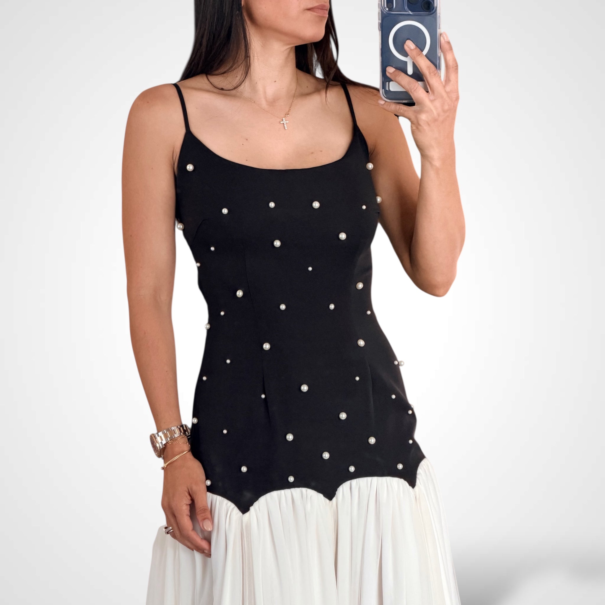 PEARL DETAILS BLACK/WHITE MAXI DRESS-2